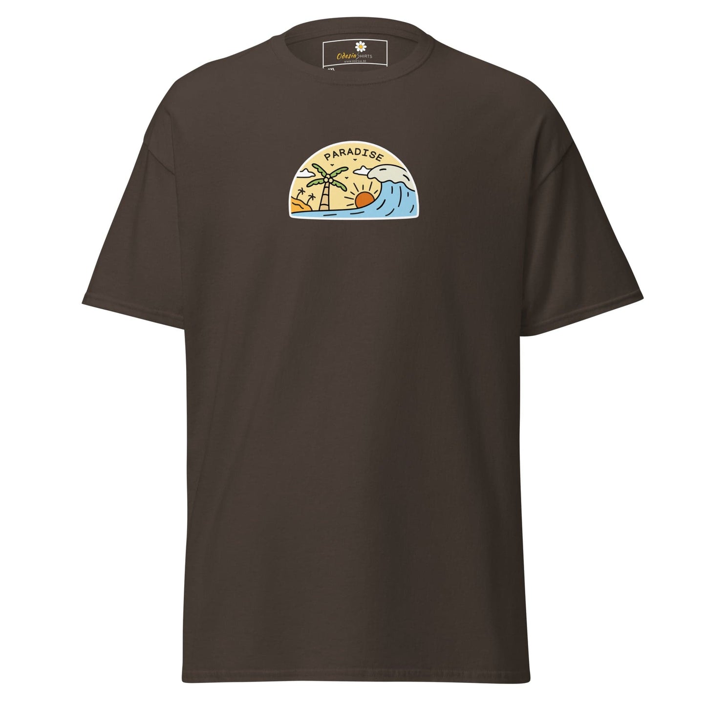 Brown t-shirt with a paradise graphic.