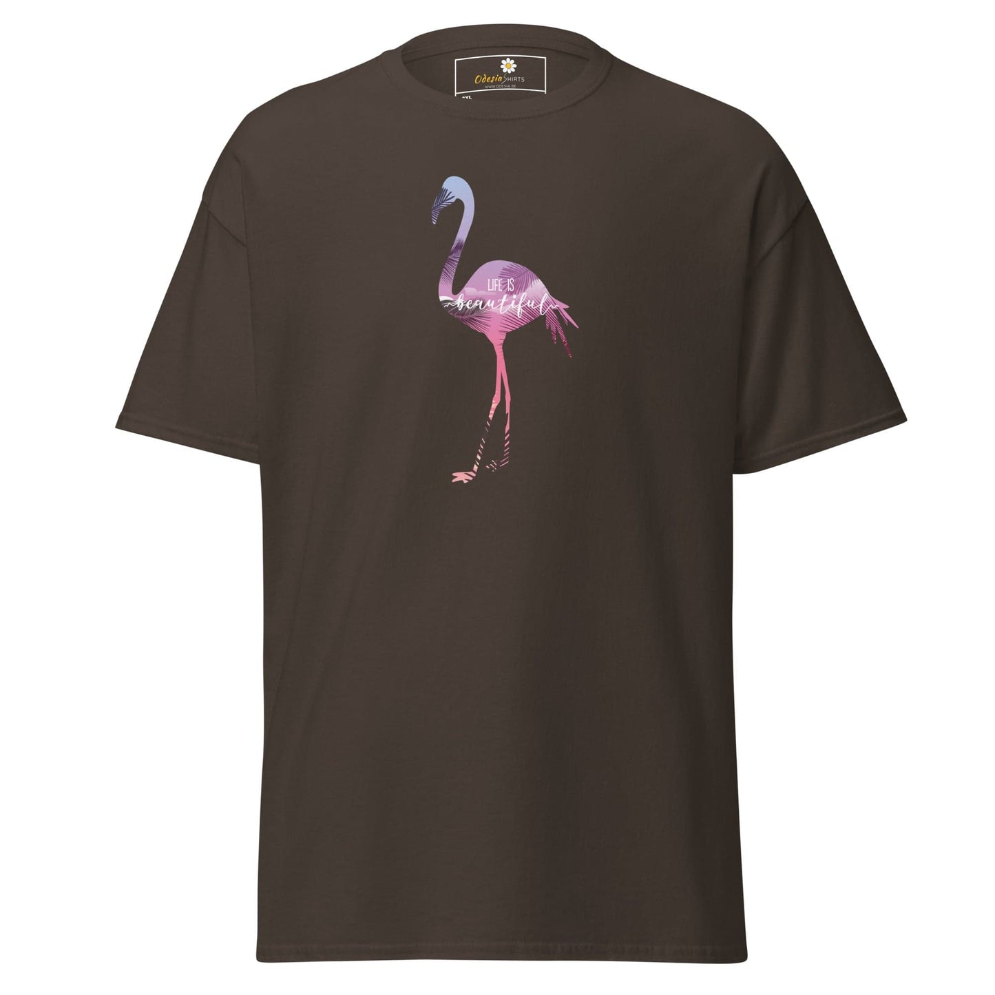Brown T-shirt featuring a flamingo design for men and women in sizes 2XL to 5XL