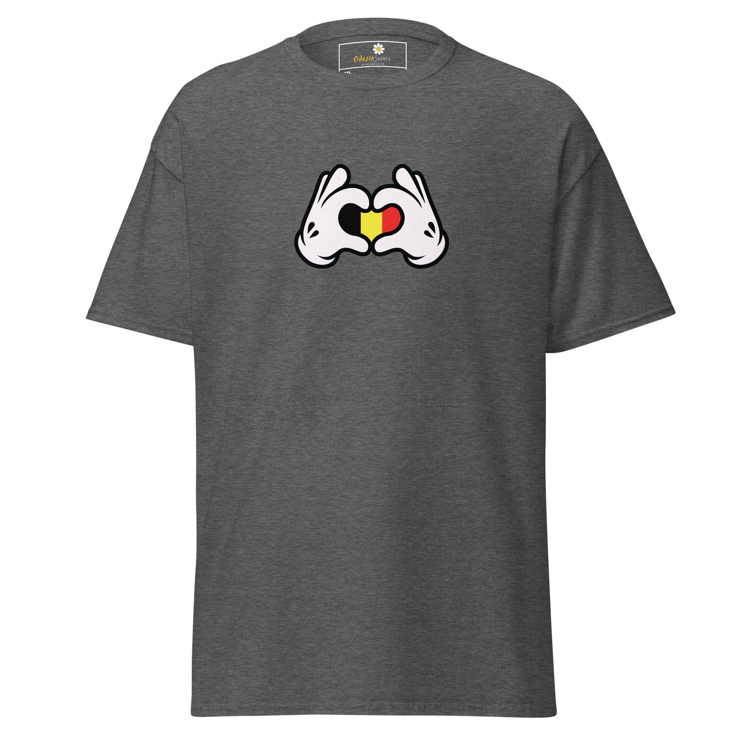 Gray t-shirt with cartoon hands forming a heart with the Belgian flag.