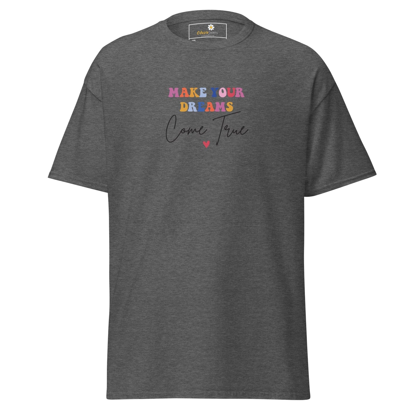 Gray t-shirt with colorful text.