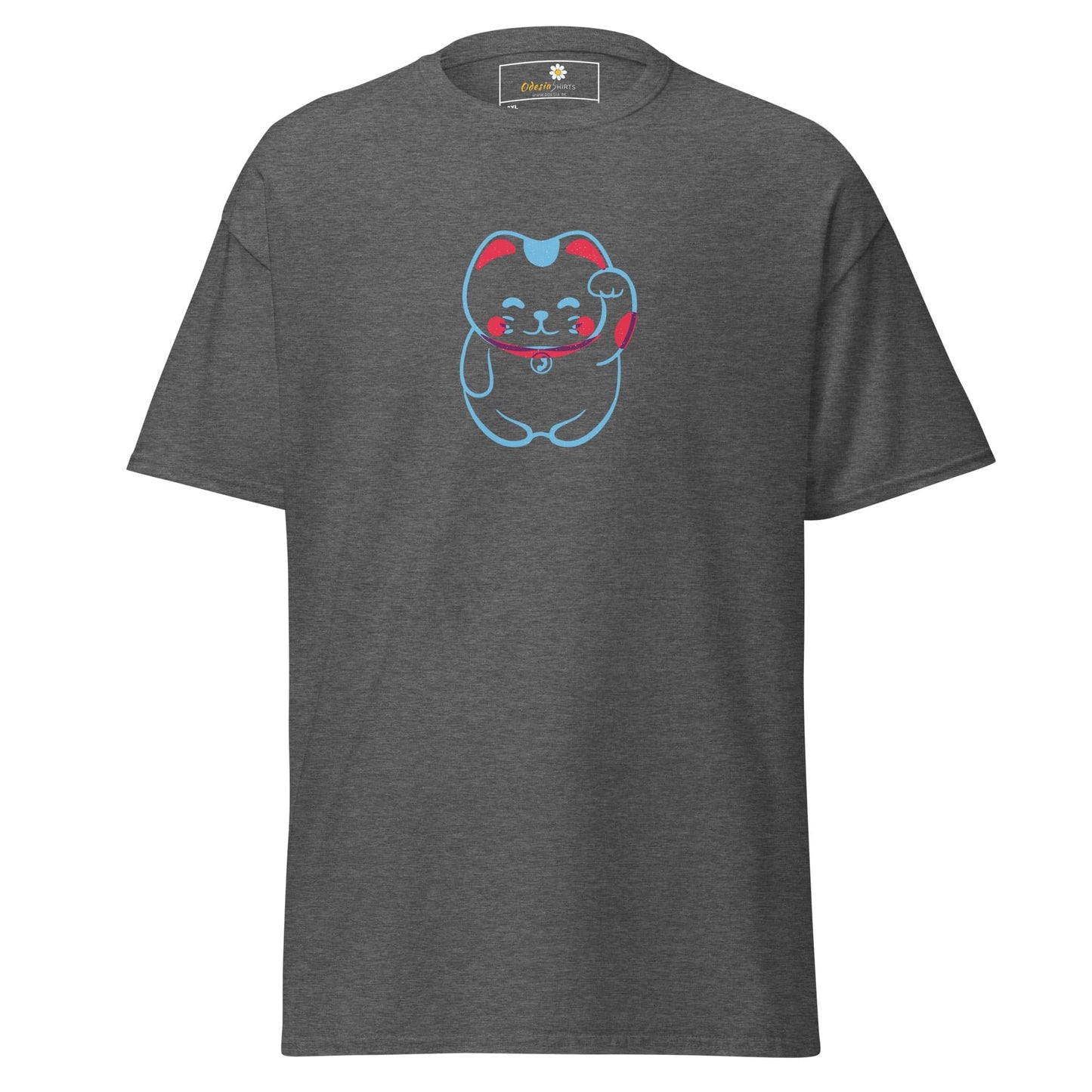 Gray T-shirt with cartoon cat graphic, suitable for men and women in sizes 2XL to 5XL