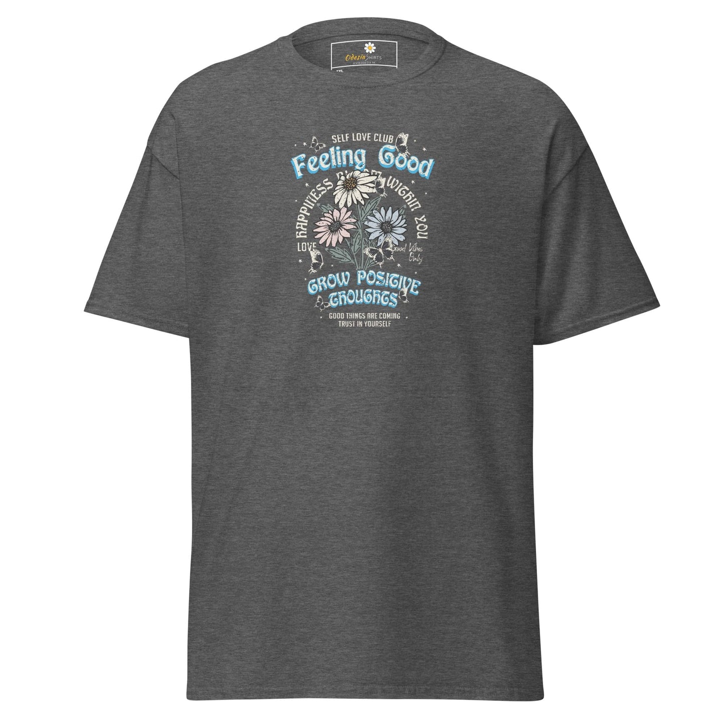 Gray t-shirt with floral graphic.