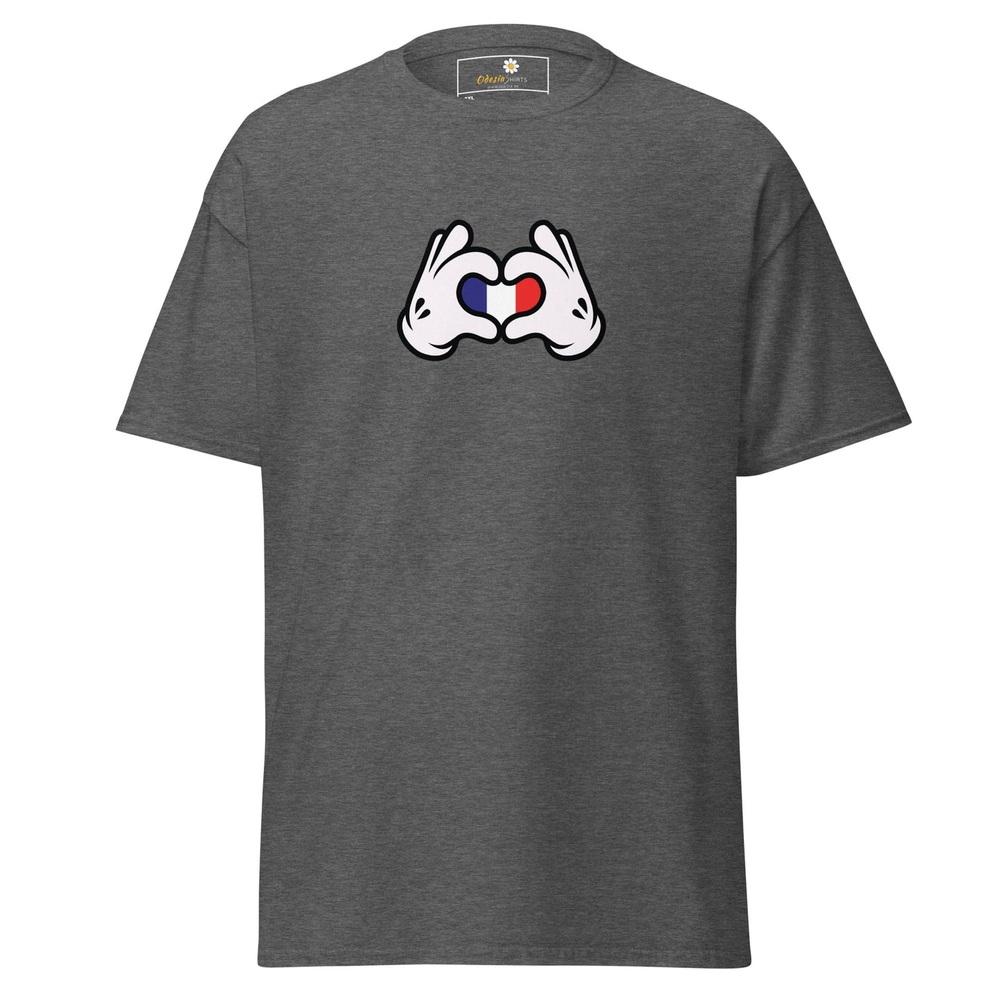 Gray t-shirt with cartoon hands forming a heart with the French flag.