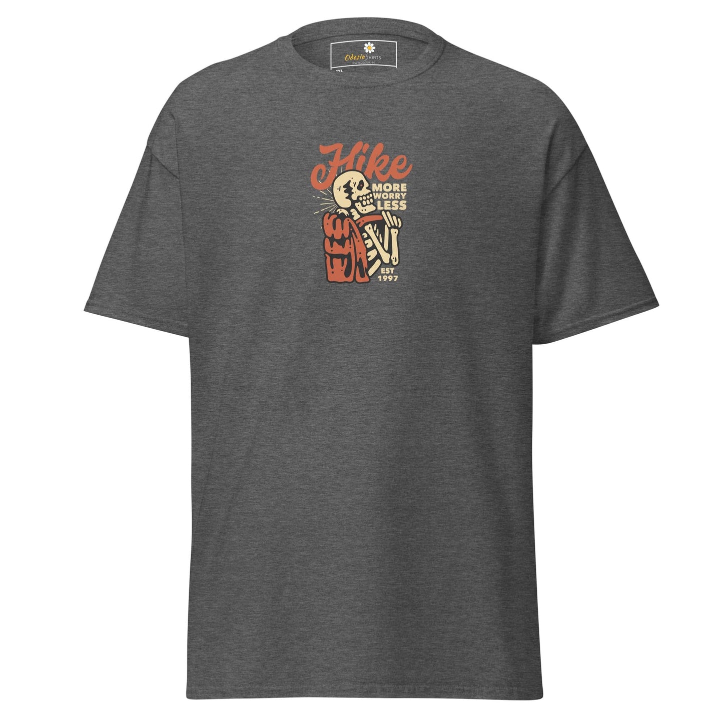 Gray t-shirt with skeleton hiker graphic.