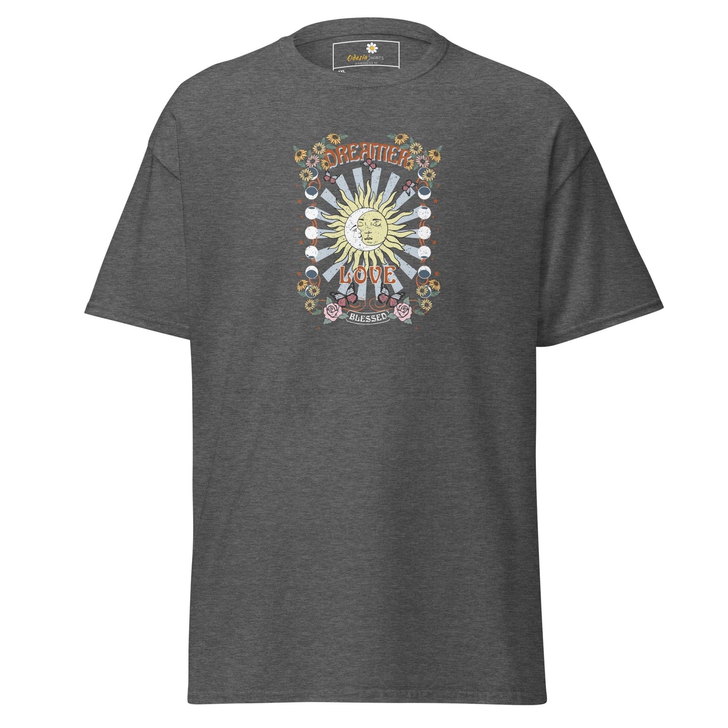 Gray t-shirt with sun and moon graphic.