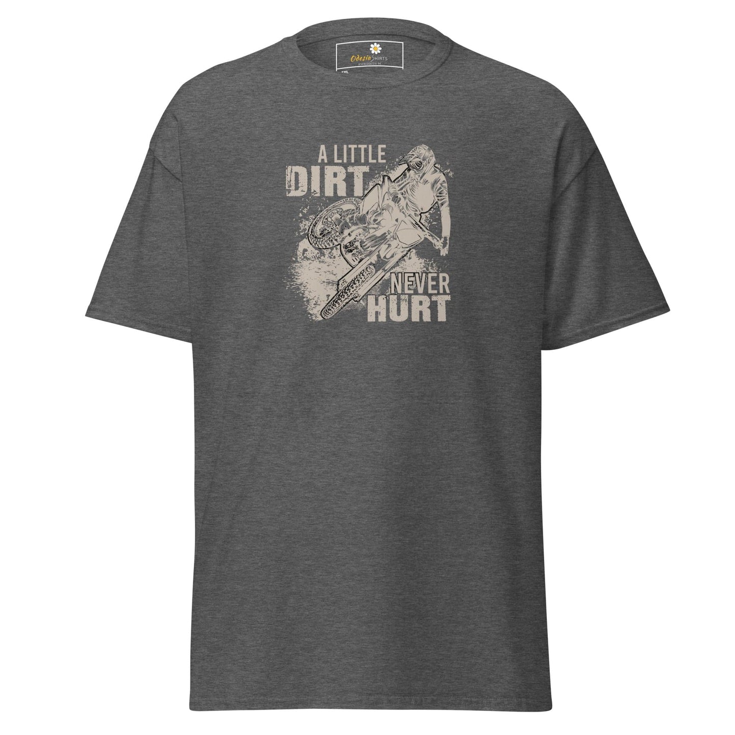 Gray t-shirt with dirt bike graphic.
