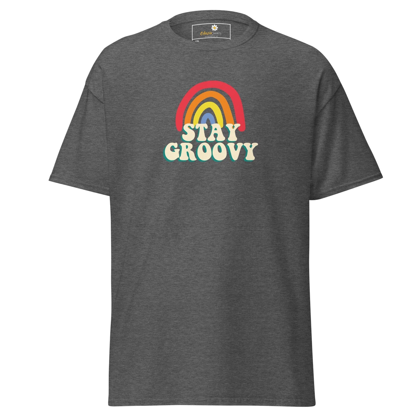 Gray t-shirt with rainbow and text.