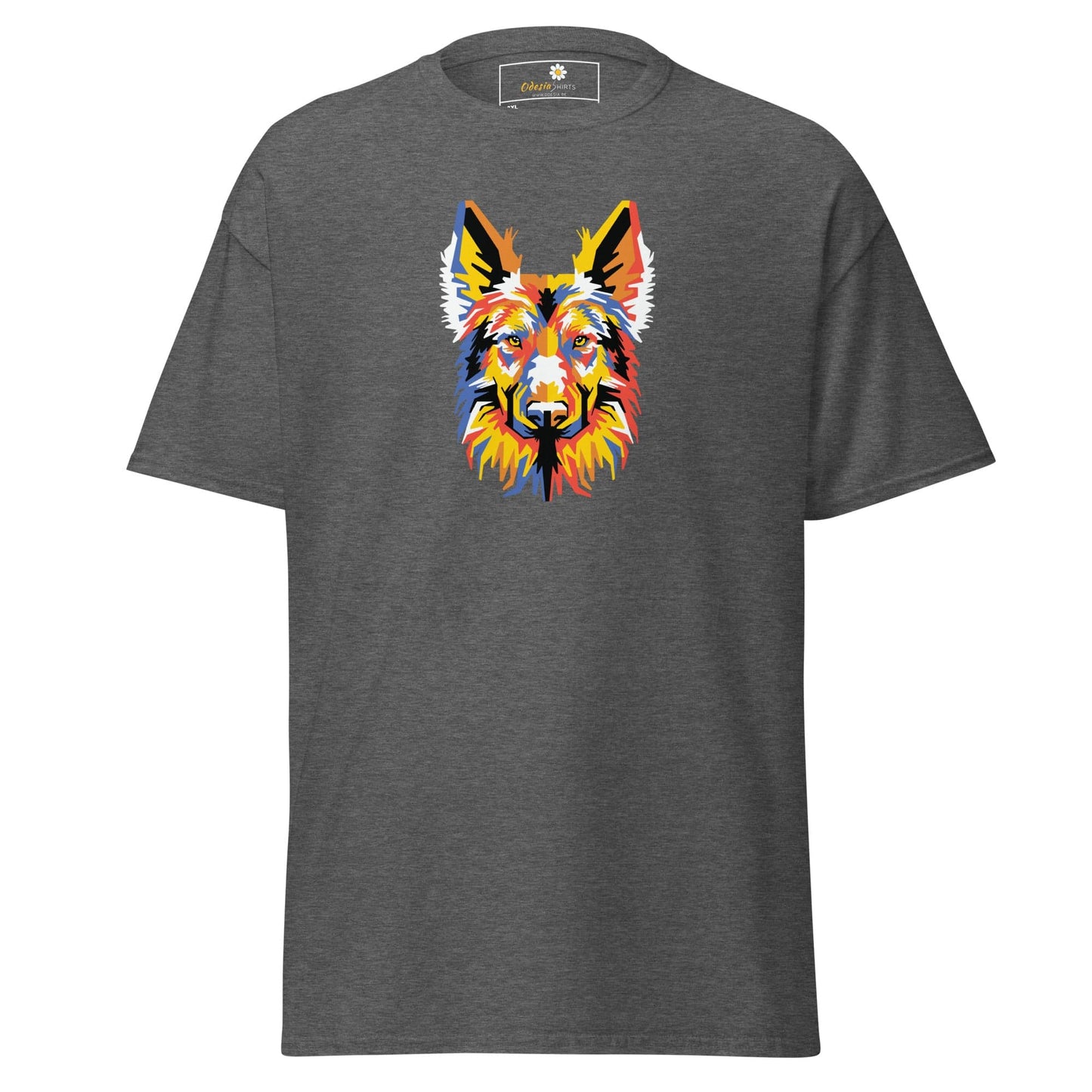 Gray T-shirt with vibrant dog graphic for men and women in 2XL to 5XL sizes