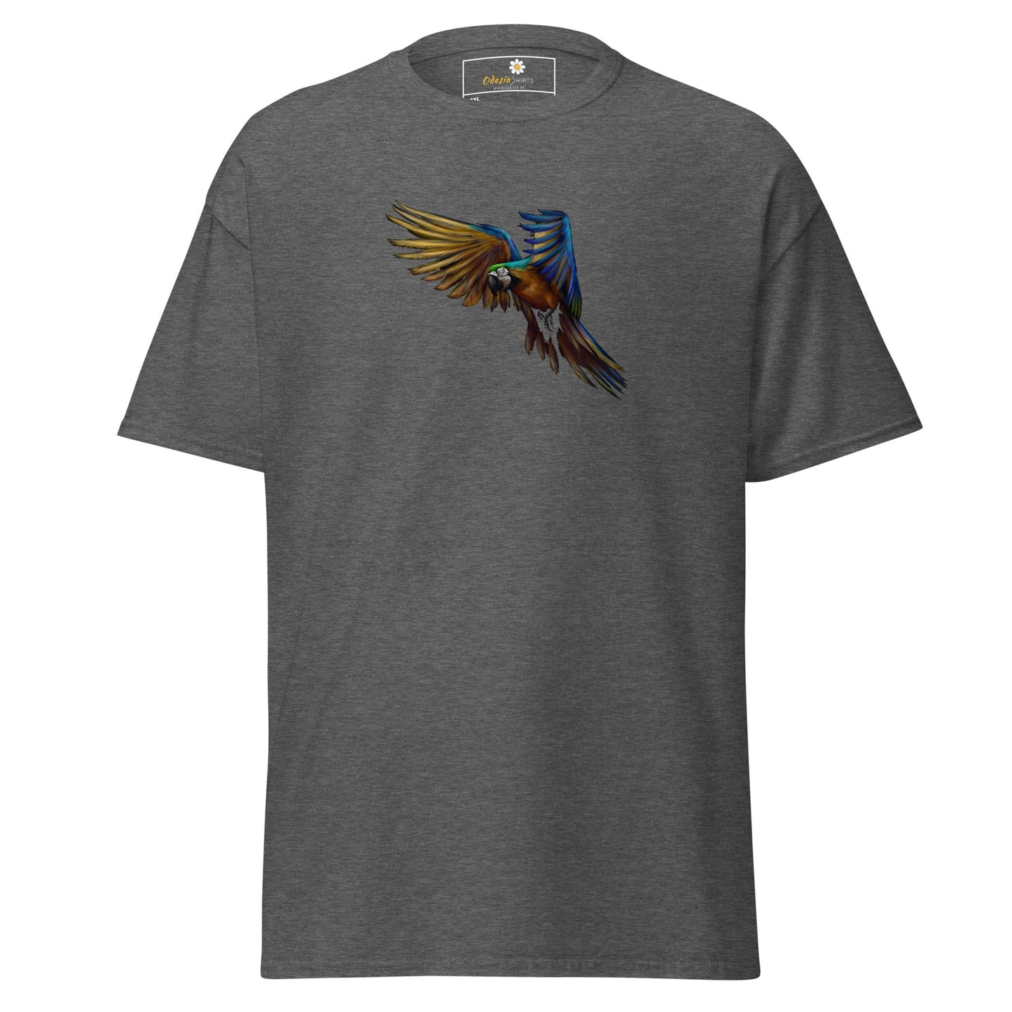 Gray T-shirt with vibrant parrot graphic, suitable for men and women in 2XL-5XL sizes