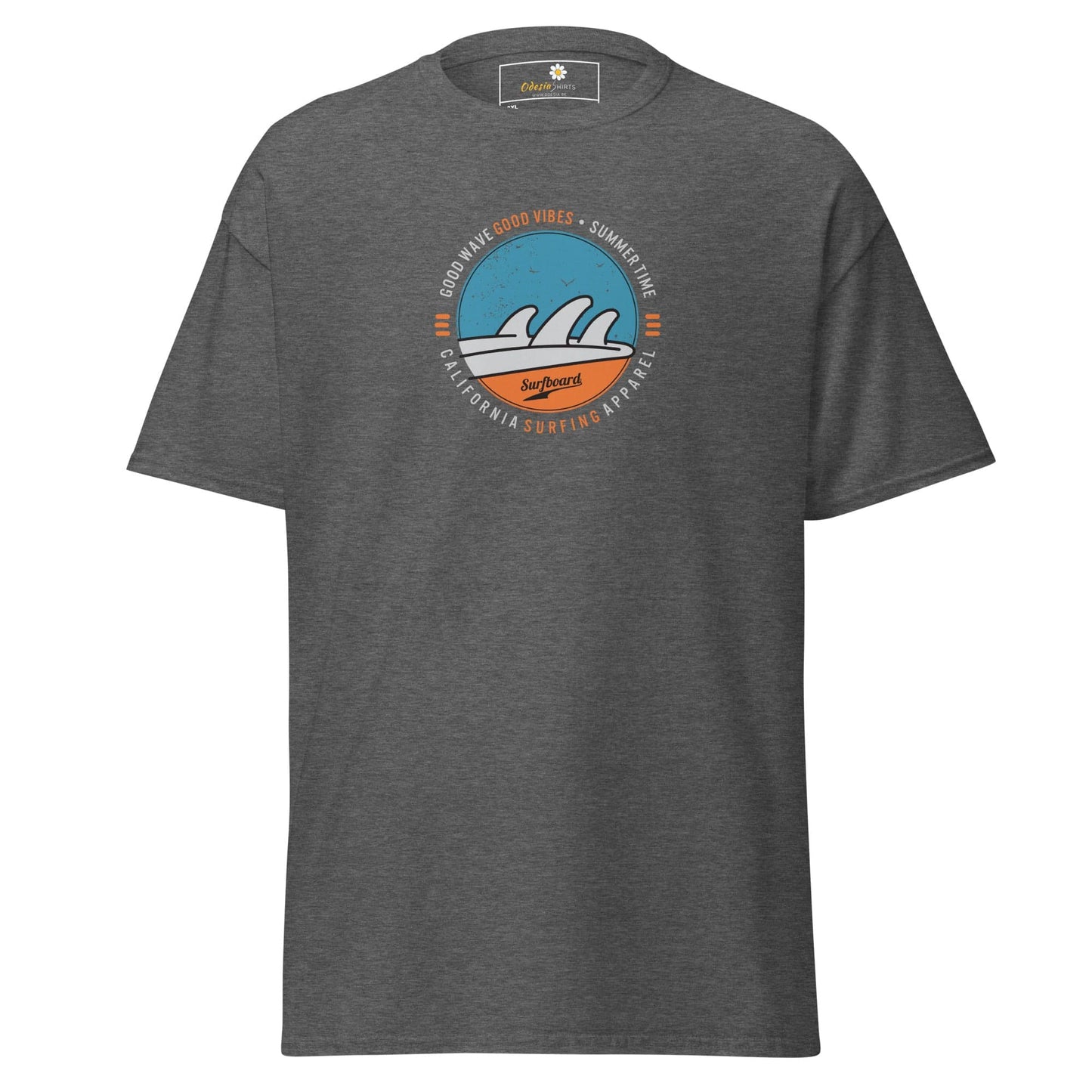 Gray t-shirt with a circular surfing graphic.