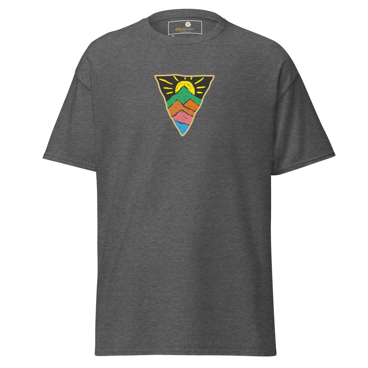 Gray T-shirt with mountain and sun graphic, suitable for Men and Women sizes 2XL to 5XL