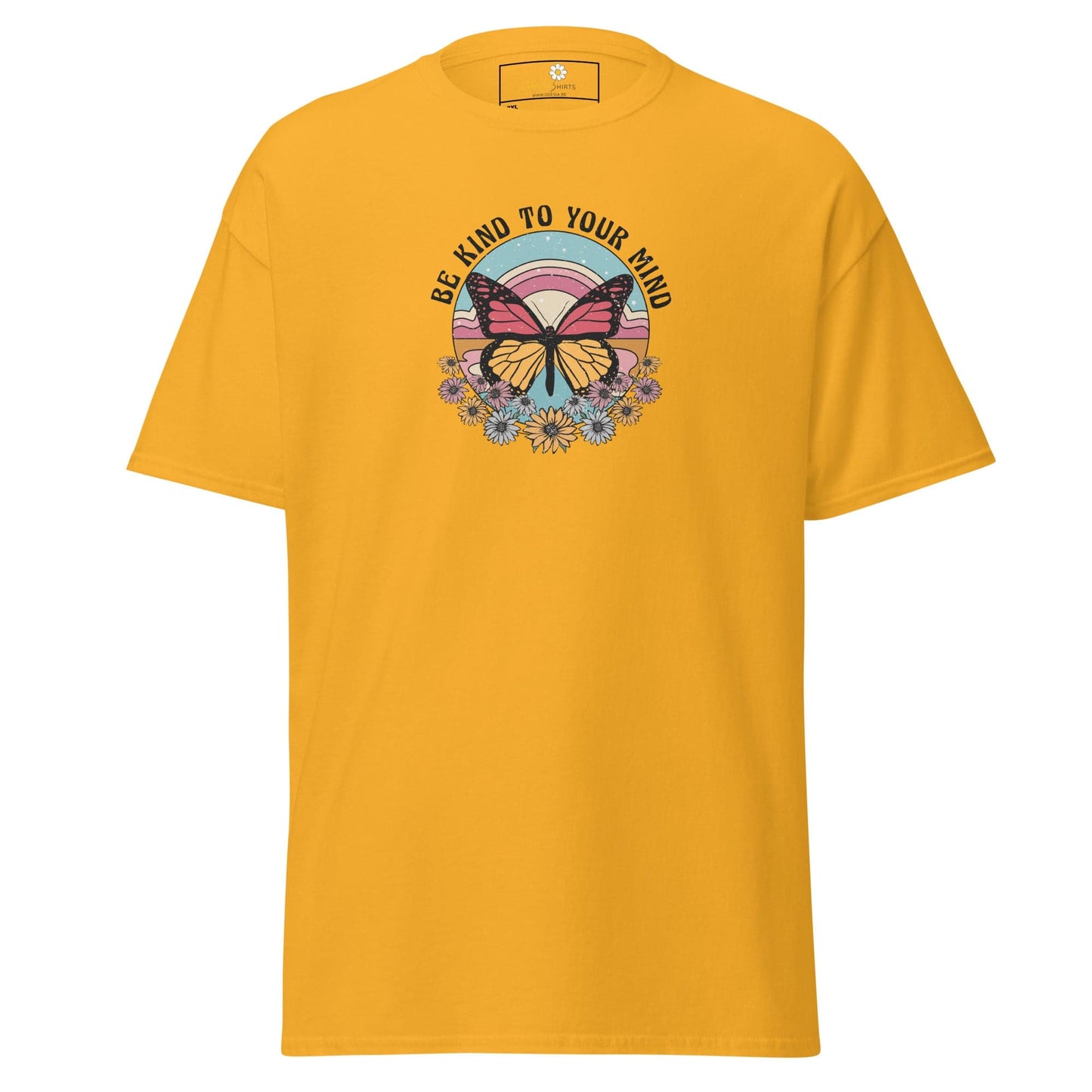 Yellow t-shirt with butterfly graphic.