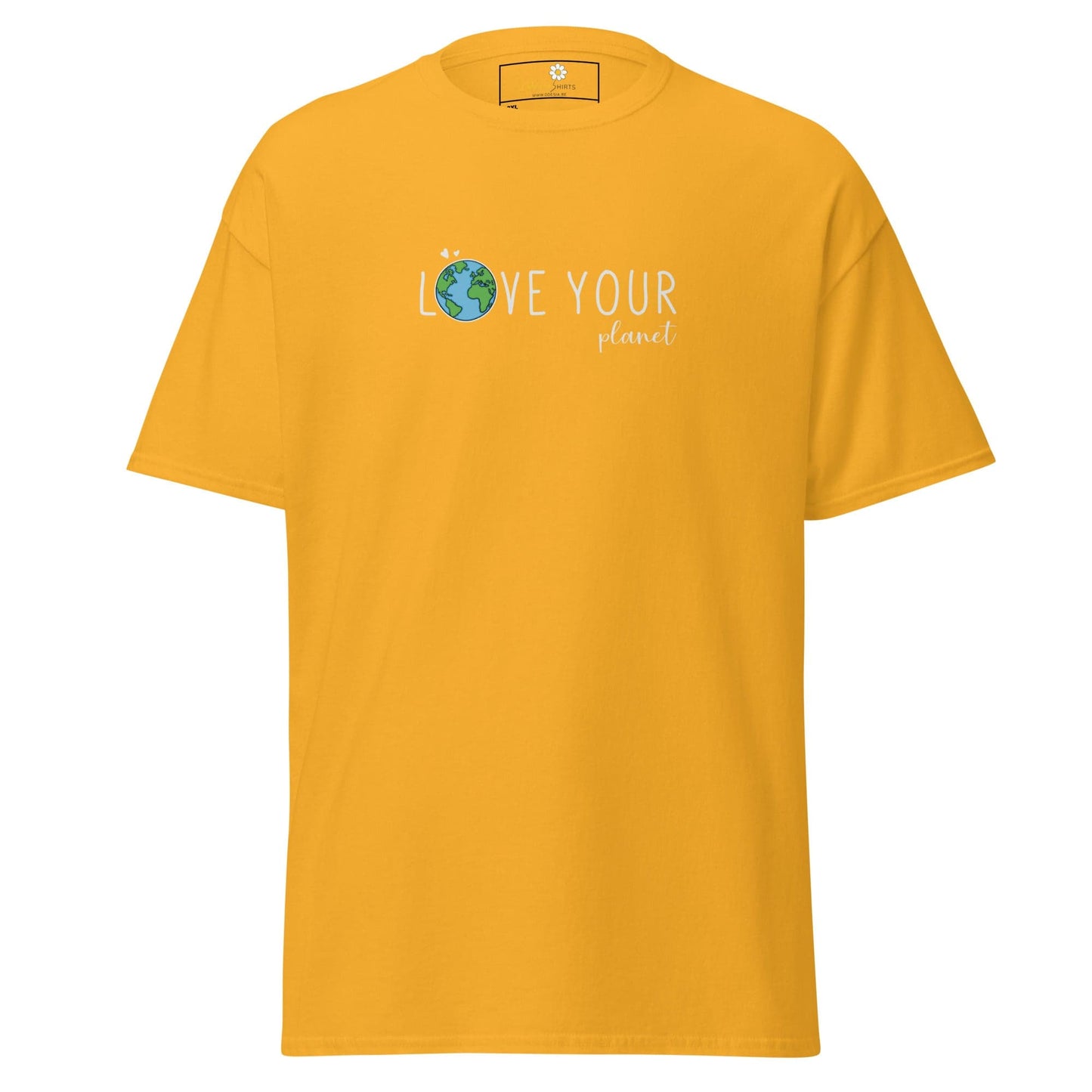 Yellow t-shirt with ’Love Your Planet’ graphic.
