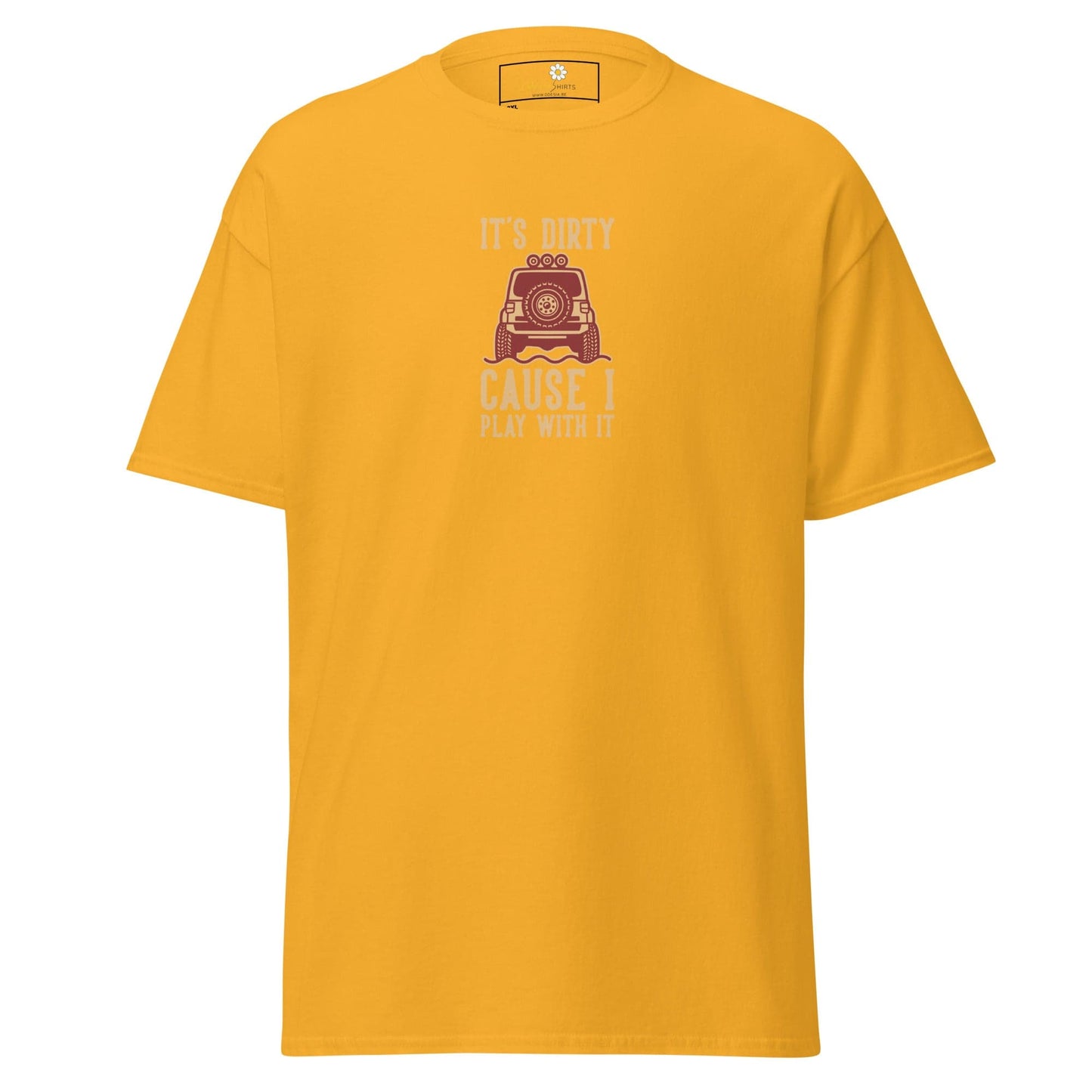 Yellow t-shirt with off-road vehicle graphic.