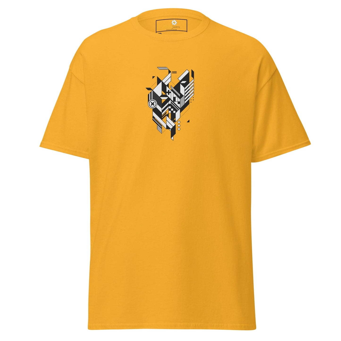 Mustard-colored t-shirt with geometric design.