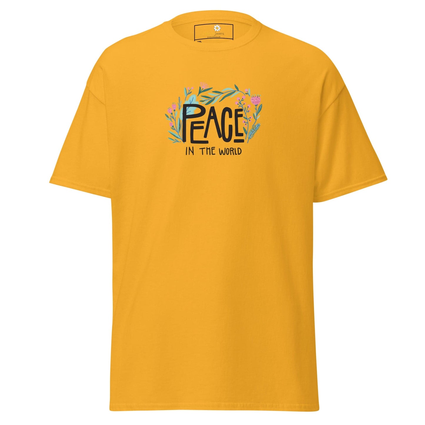 Yellow T-shirt with Peace in the World graphic, available in sizes 2XL to 5XL