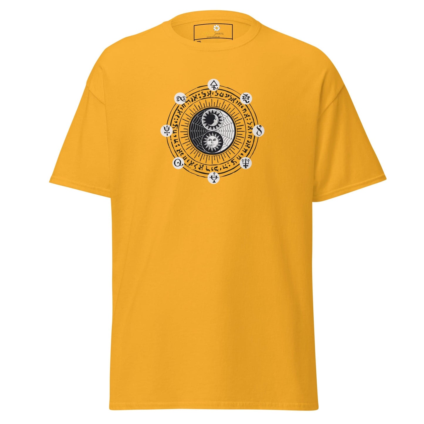 Yellow t-shirt with yin-yang design.