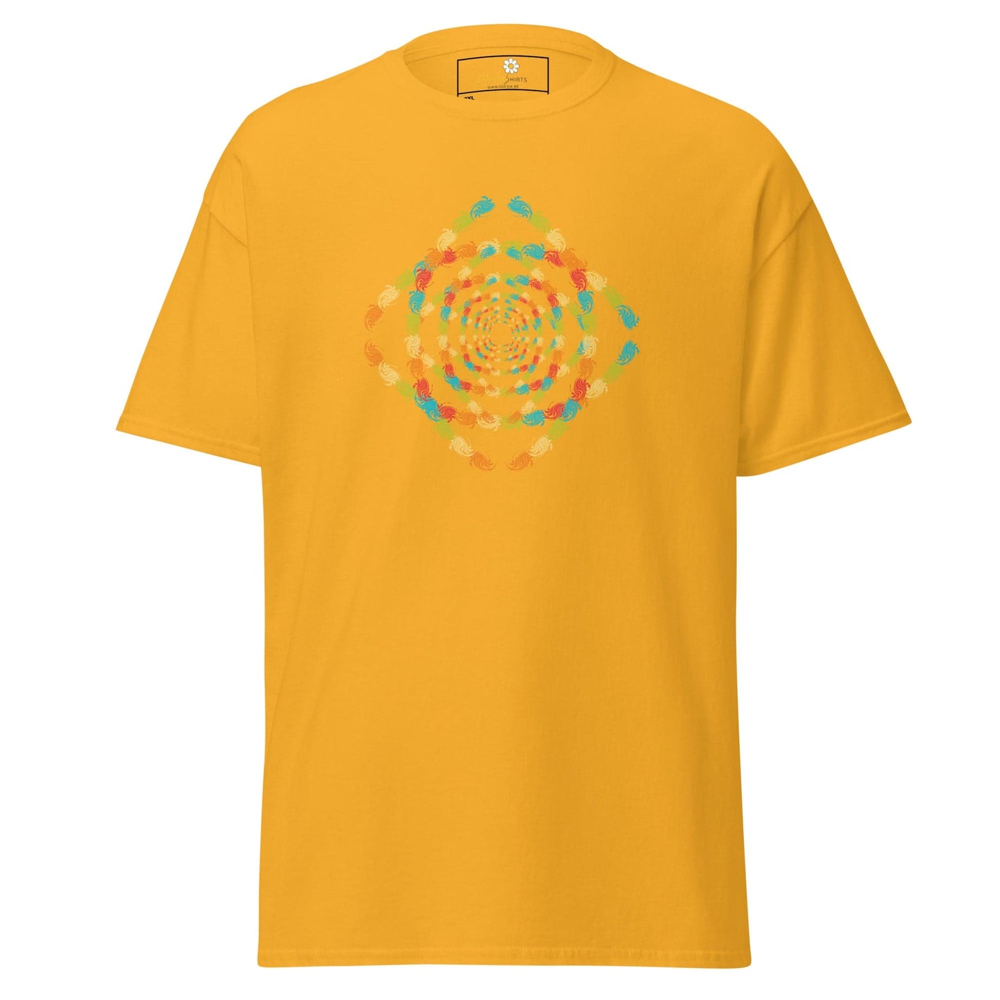 Mustard yellow T-shirt with colorful geometric design for Men and Women in 2XL to 5XL sizes