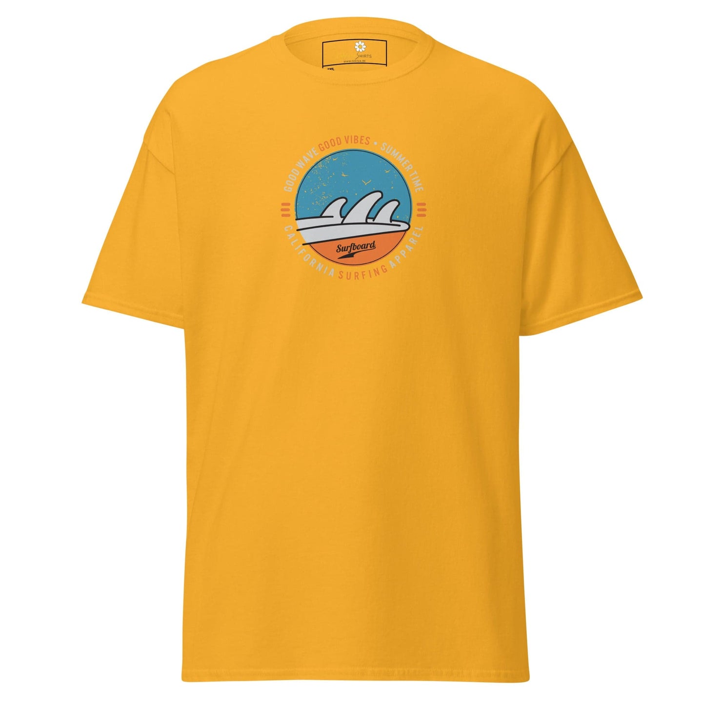 Yellow t-shirt with surf design.