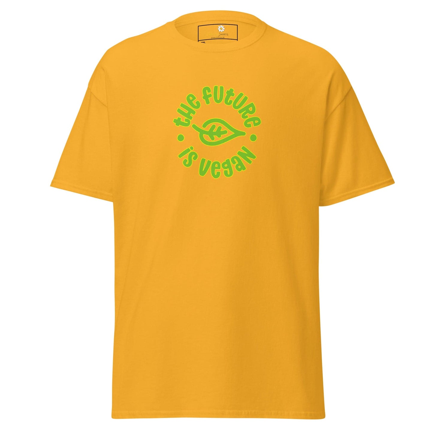 Yellow t-shirt with vegan slogan.