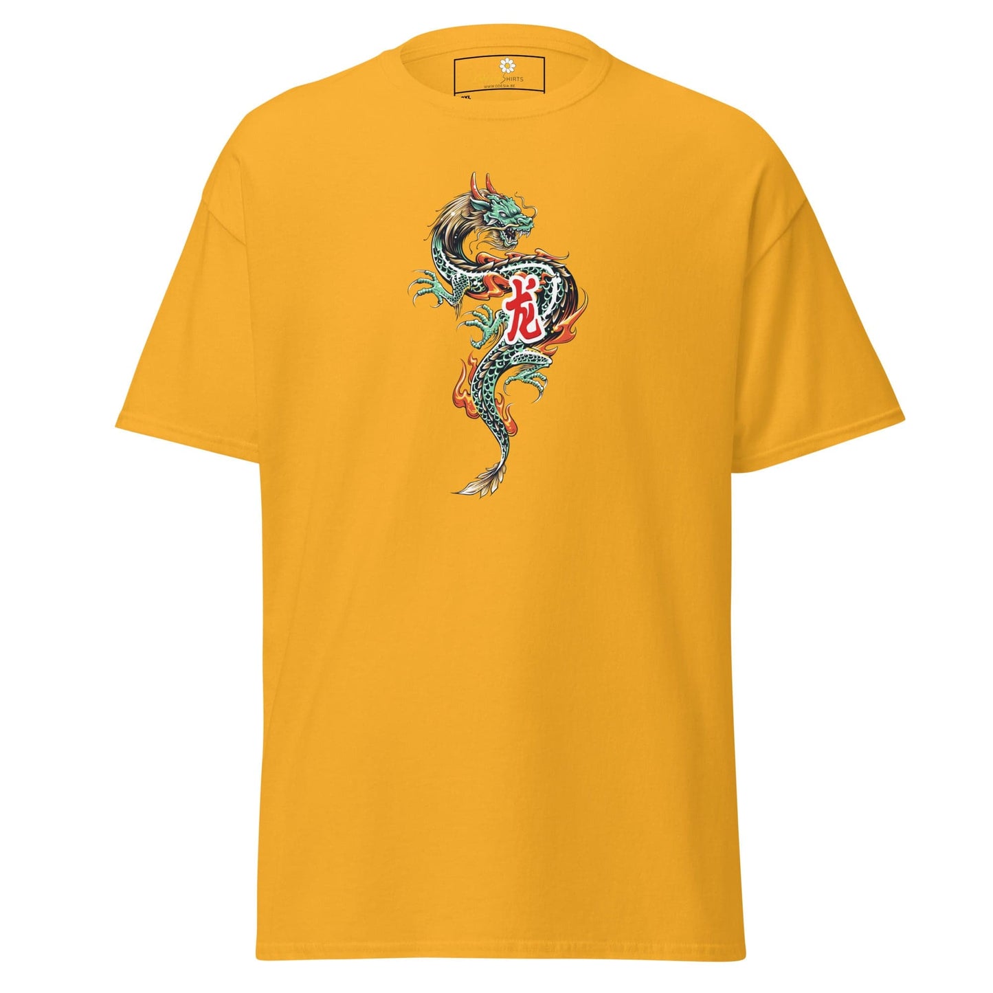 Yellow t-shirt with dragon design.