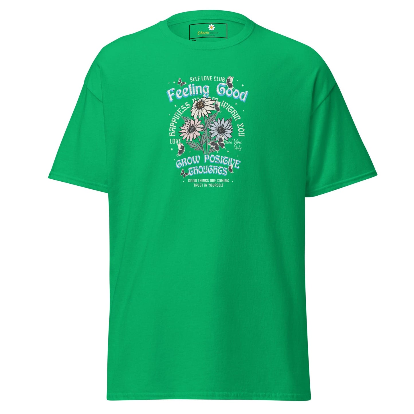Green t-shirt with floral graphic.