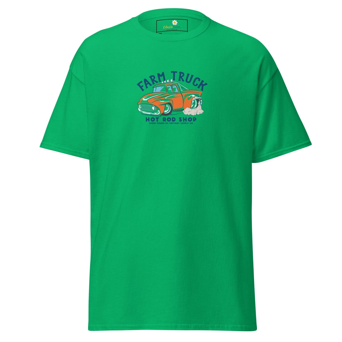 Green t-shirt with a truck graphic.