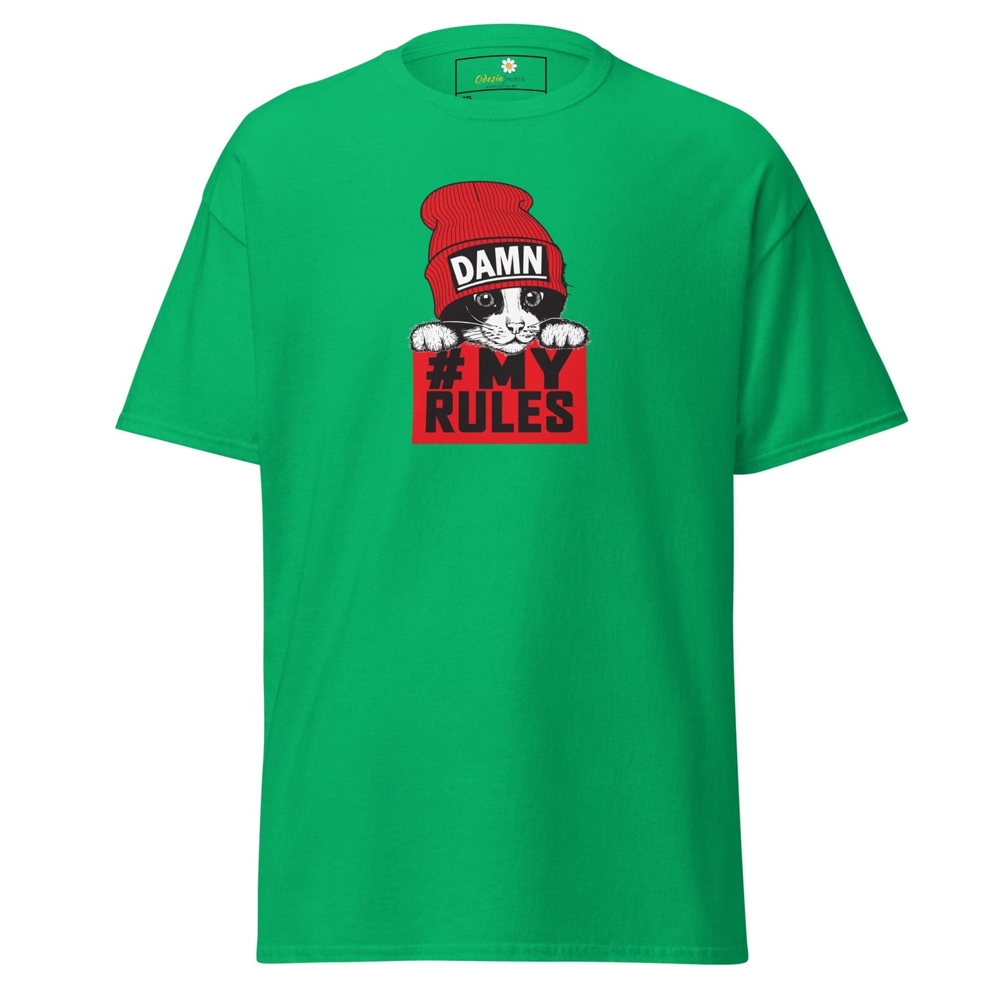 Green t-shirt with cat graphic.