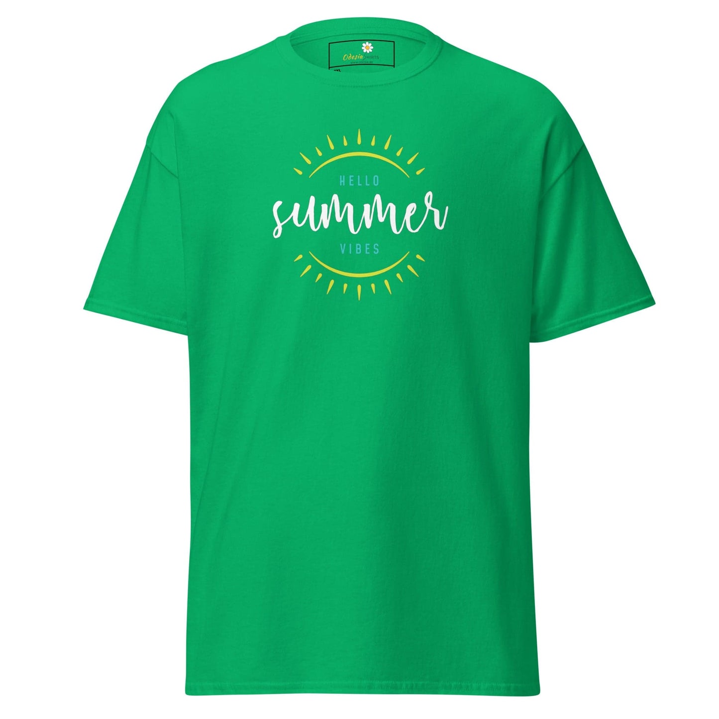 Green t-shirt with ’Hello Summer Vibes’ graphic.