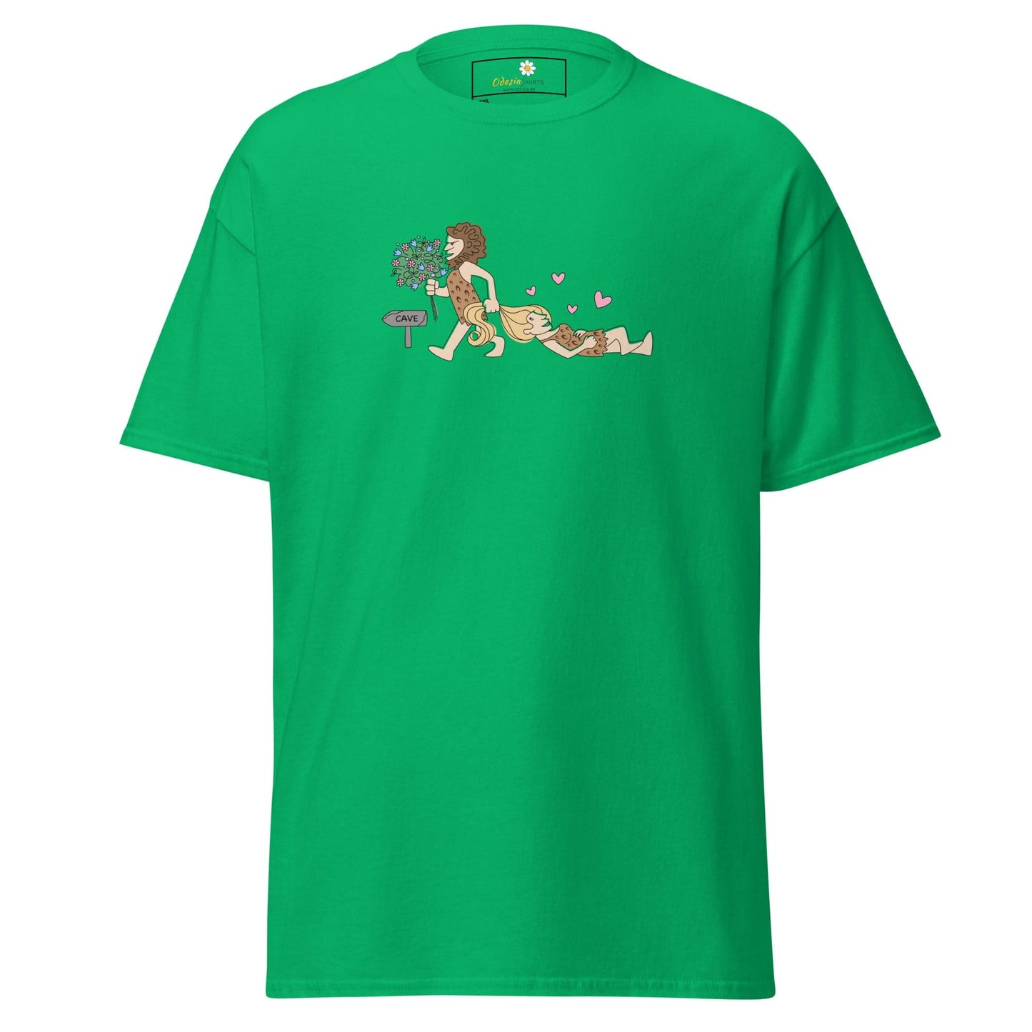Green T-shirt with caveman graphic in men’s and women’s sizes from 2XL to 5XL