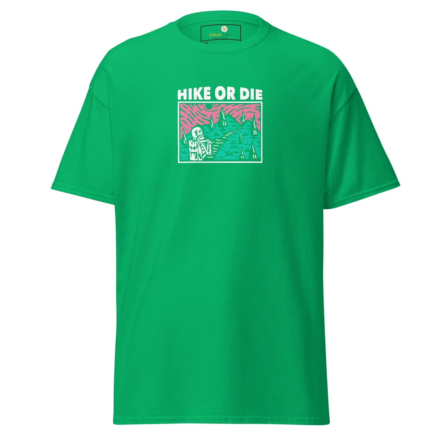 Green t-shirt with ’Hike or Die’ graphic.