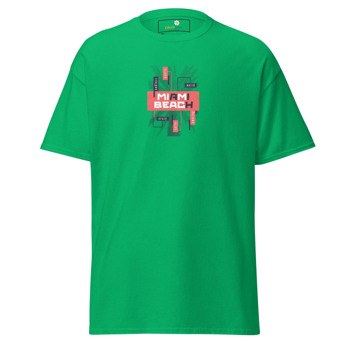 Green t-shirt featuring Miami Beach graphic from T-SHIRT DESIGN TEE for men and women