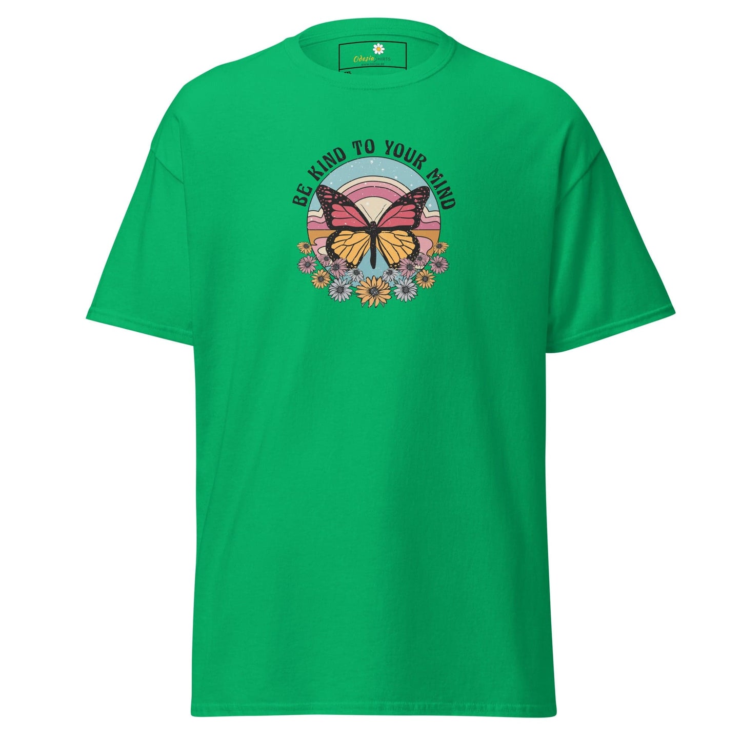 Green t-shirt with butterfly graphic.