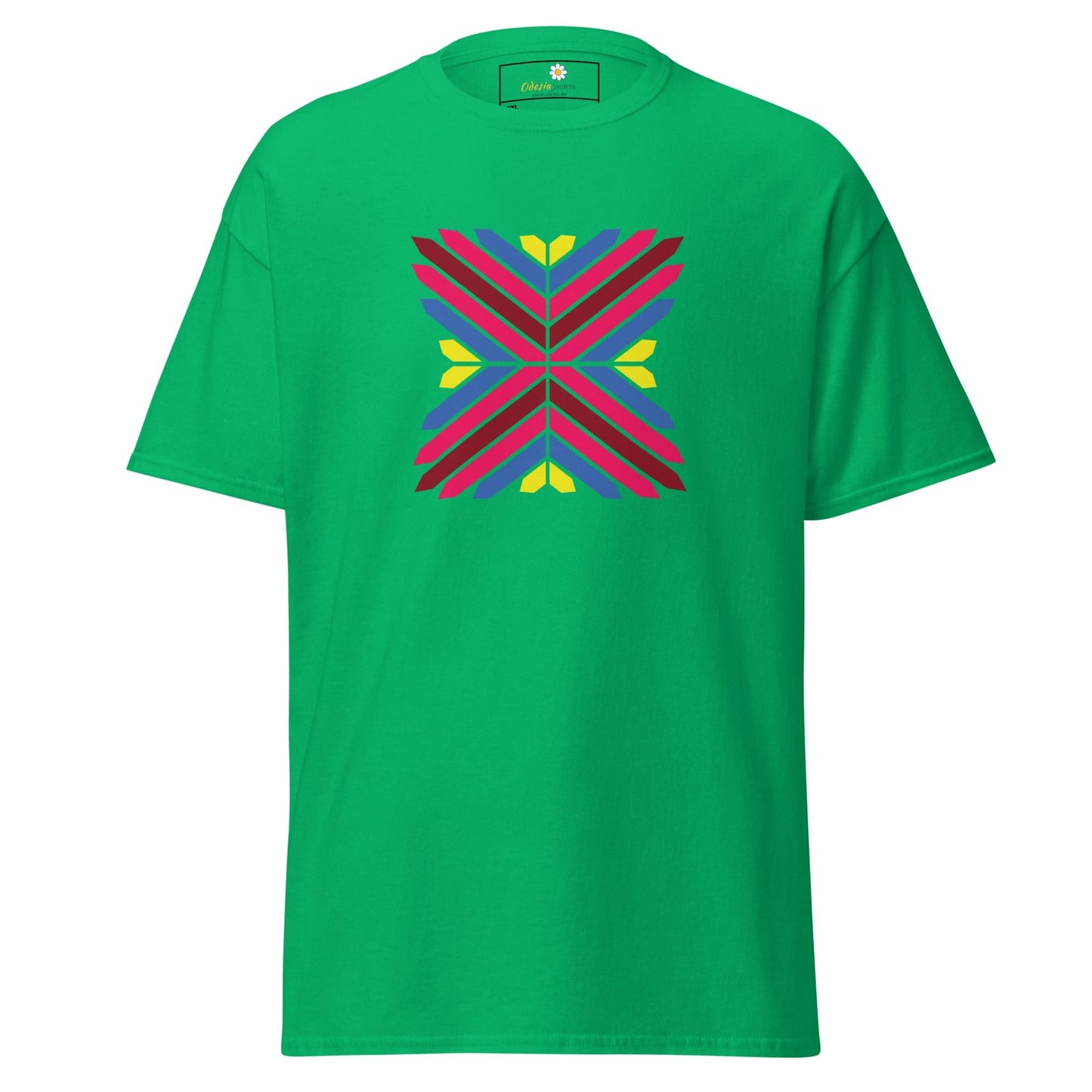 Green T-shirt with colorful geometric design for Men and Women in 2XL to 5XL sizes