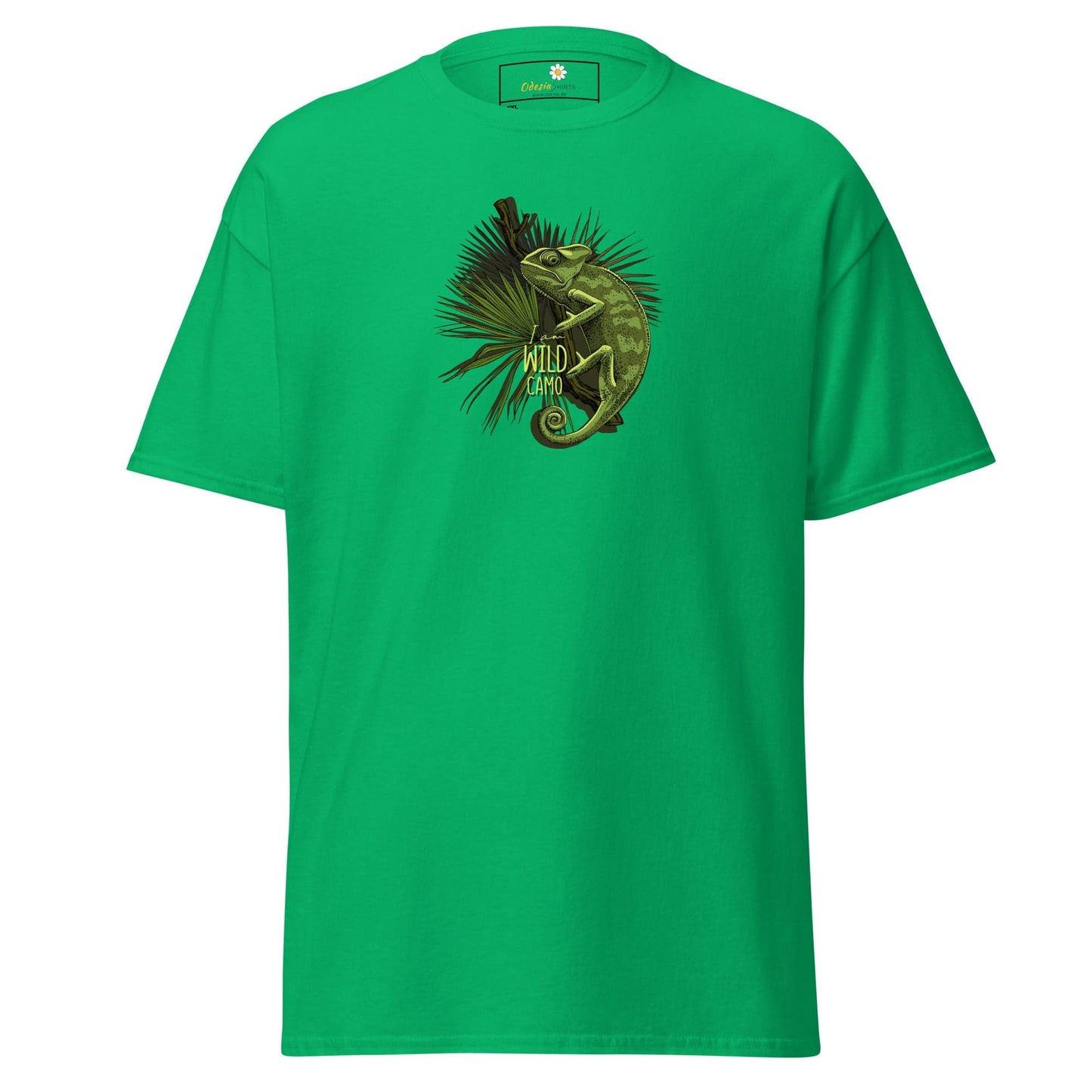 Green t-shirt with chameleon graphic.
