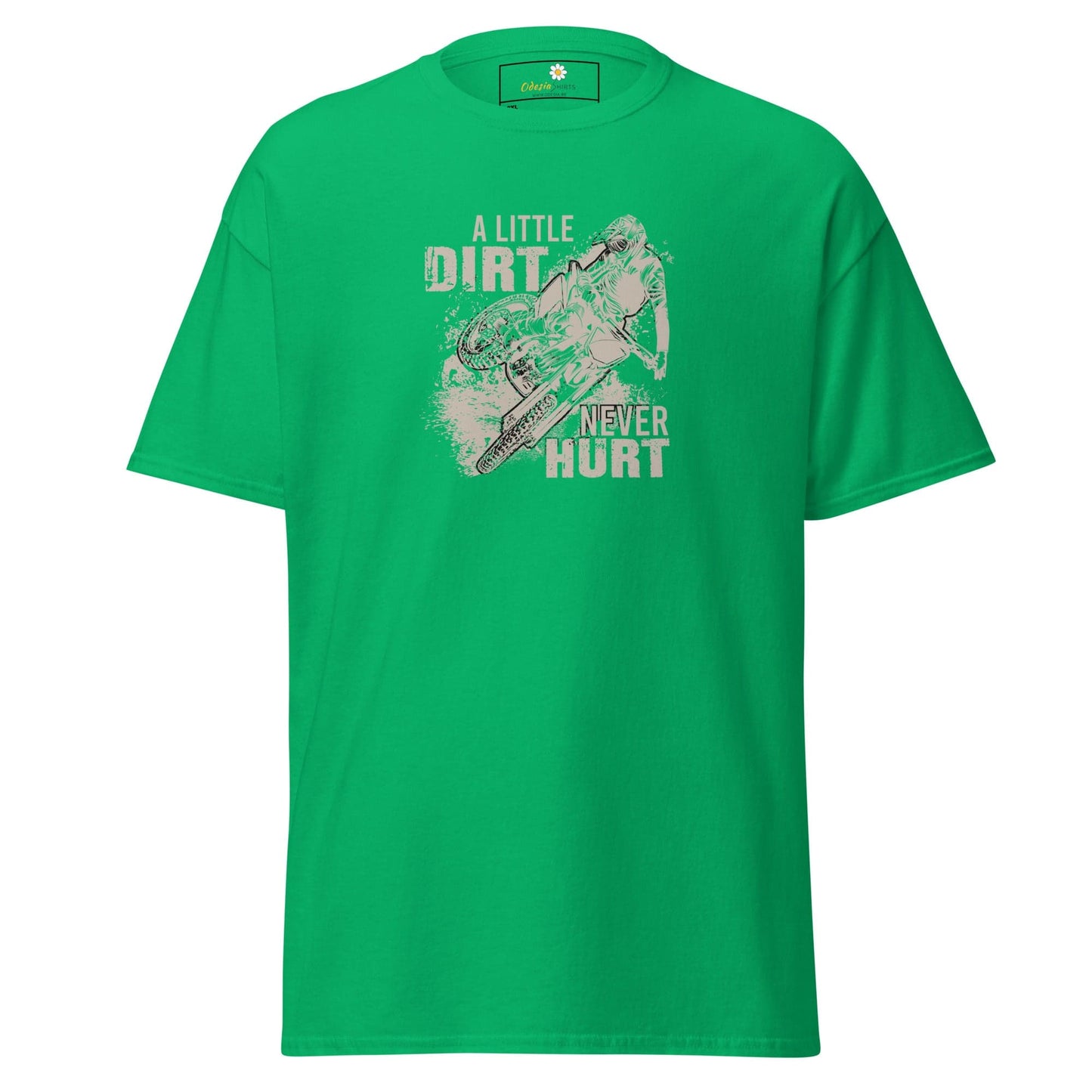 Green t-shirt with motorcycle graphic.