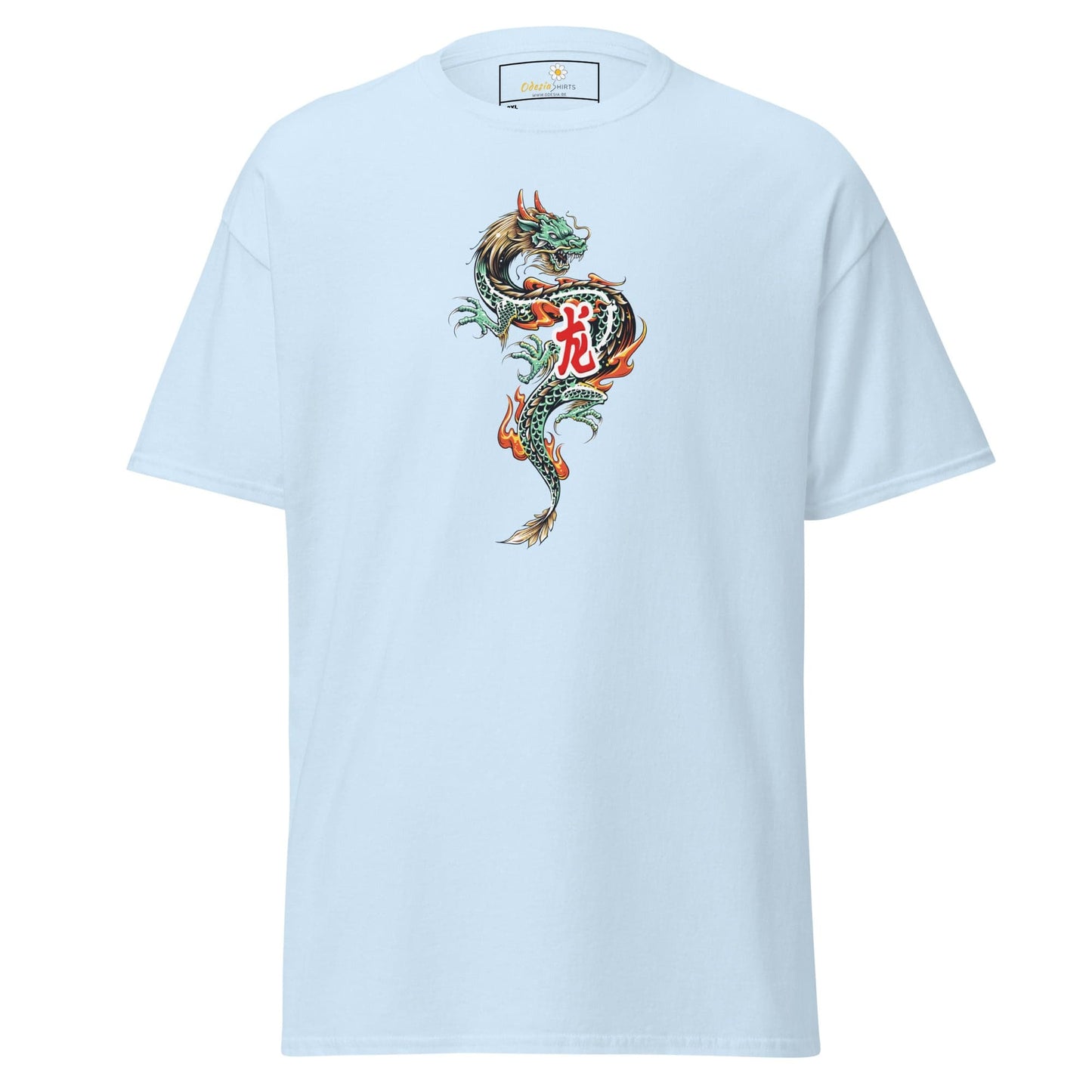 Light blue t-shirt with dragon graphic.
