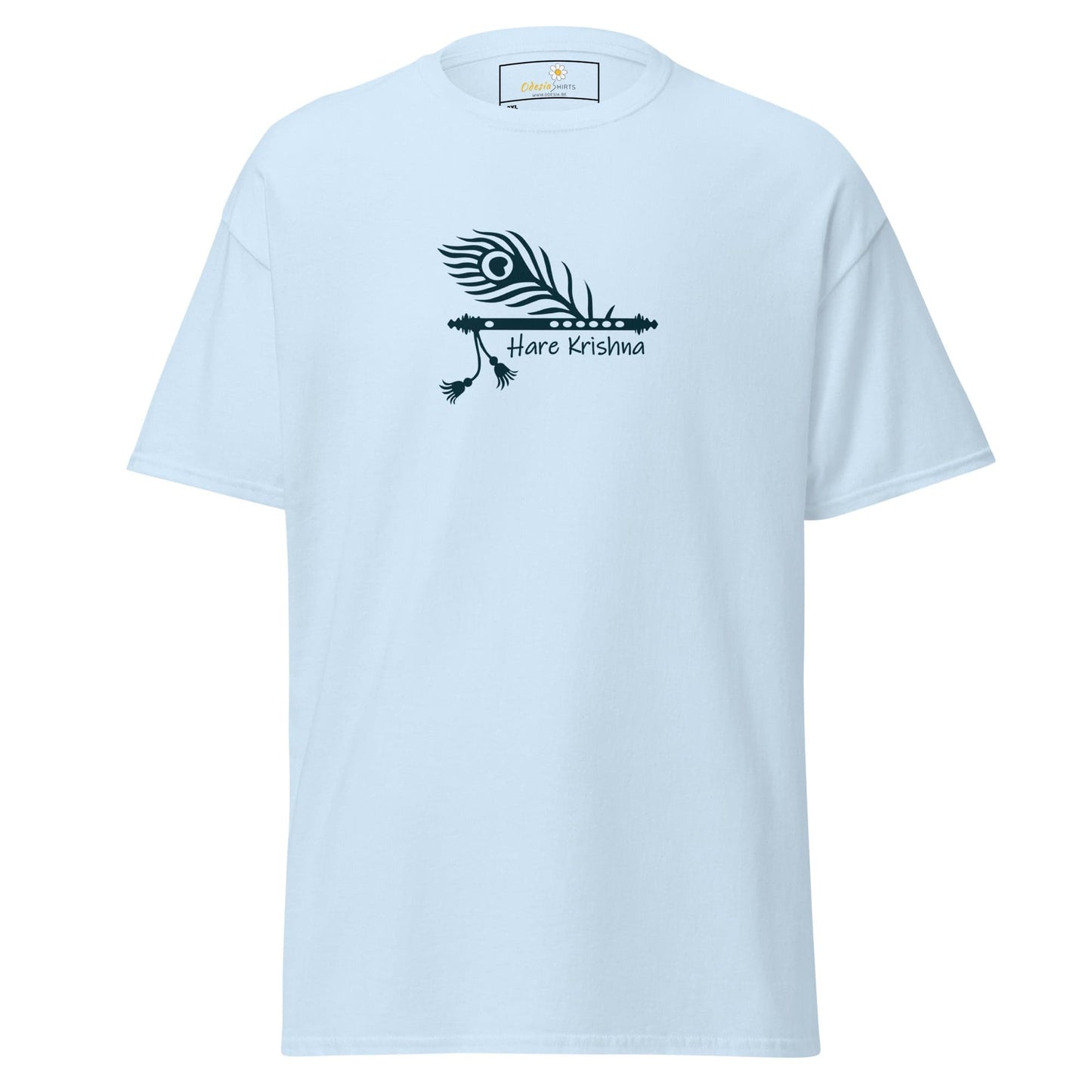 Light blue T-shirt with peacock feather and flute design, available in 2XL to 5XL sizes