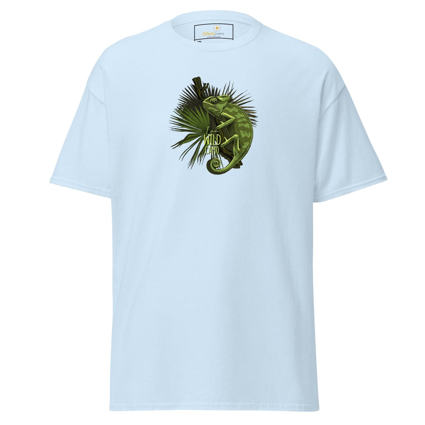 Light blue t-shirt with chameleon graphic.