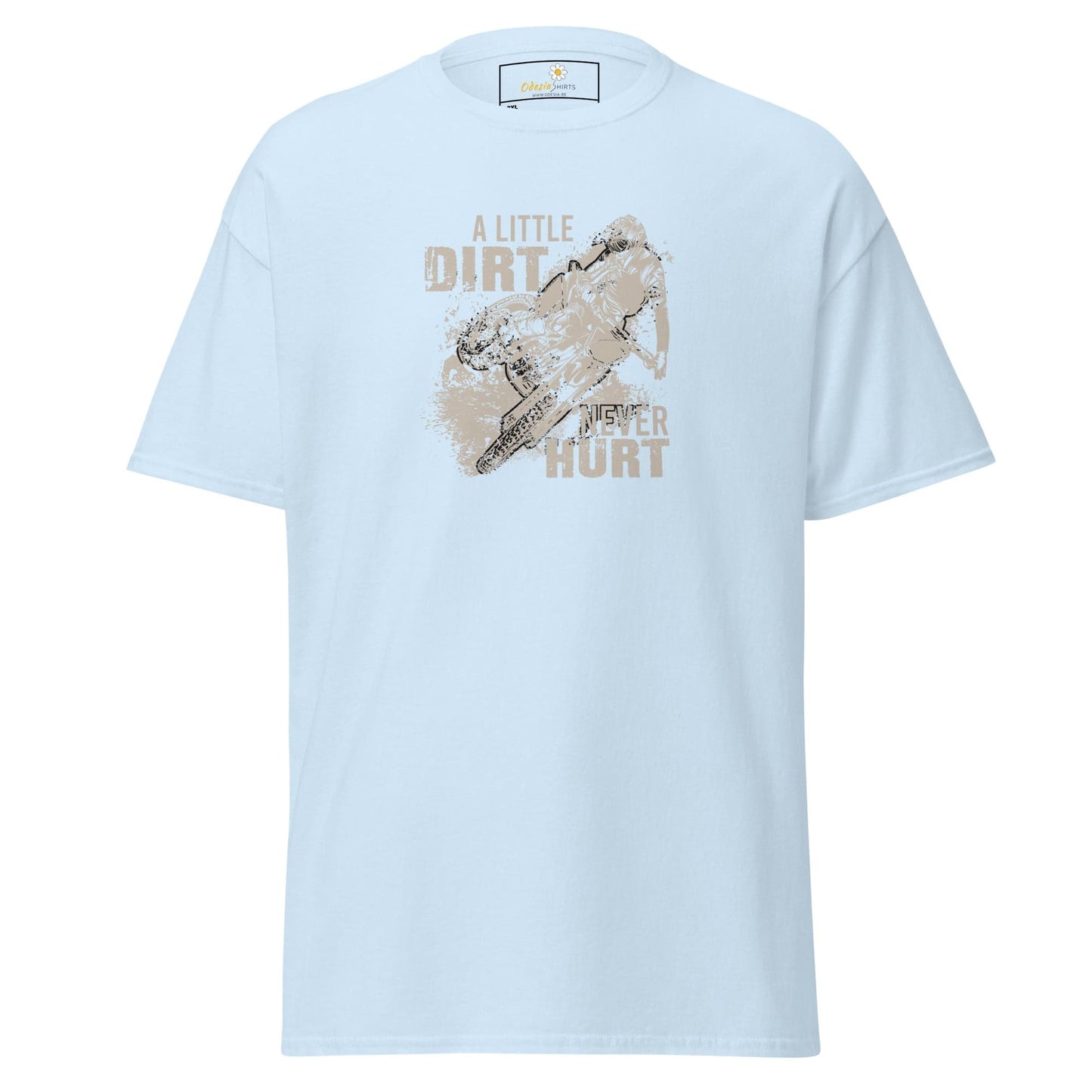 Light blue graphic t-shirt.