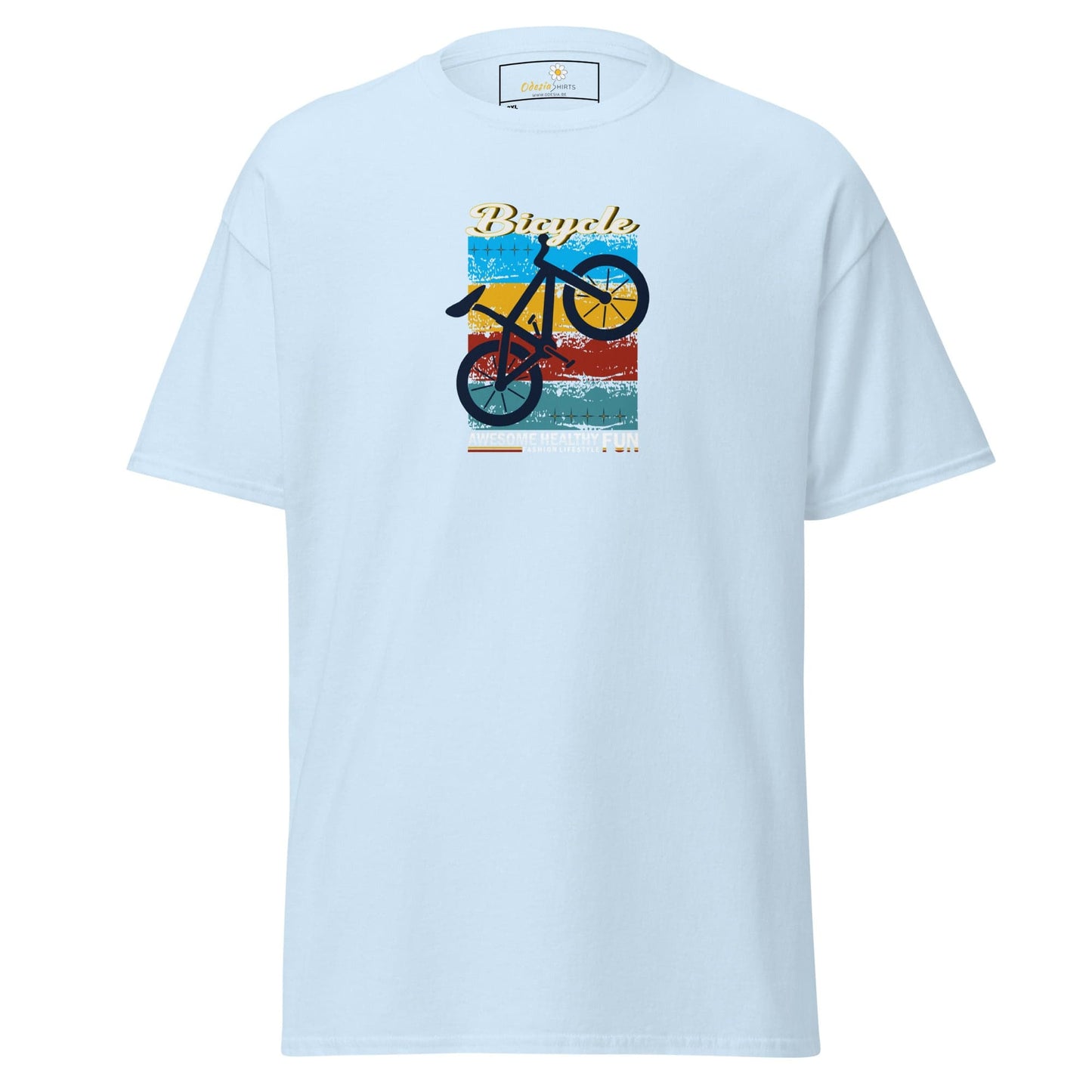 Light blue T-shirt with bicycle graphic from T-SHIRT DESIGN TEE for men and women