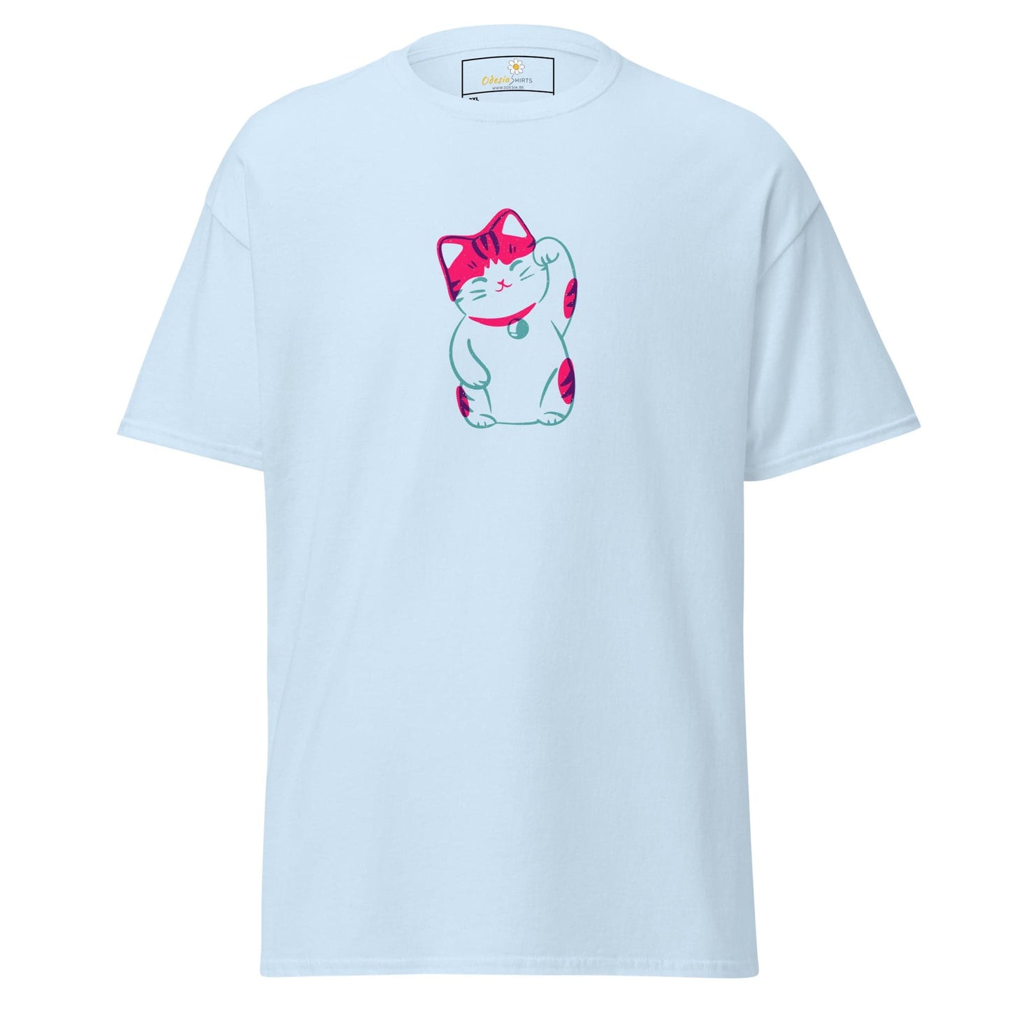 Light blue T-shirt with pink and teal Lucky Cat design for men and women in larger sizes