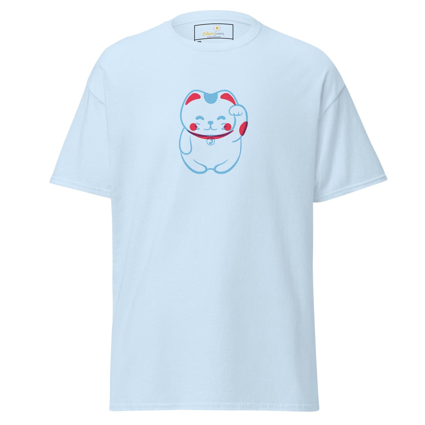 Light blue T-shirt featuring a cartoon cat design for men and women in 2XL to 5XL sizes