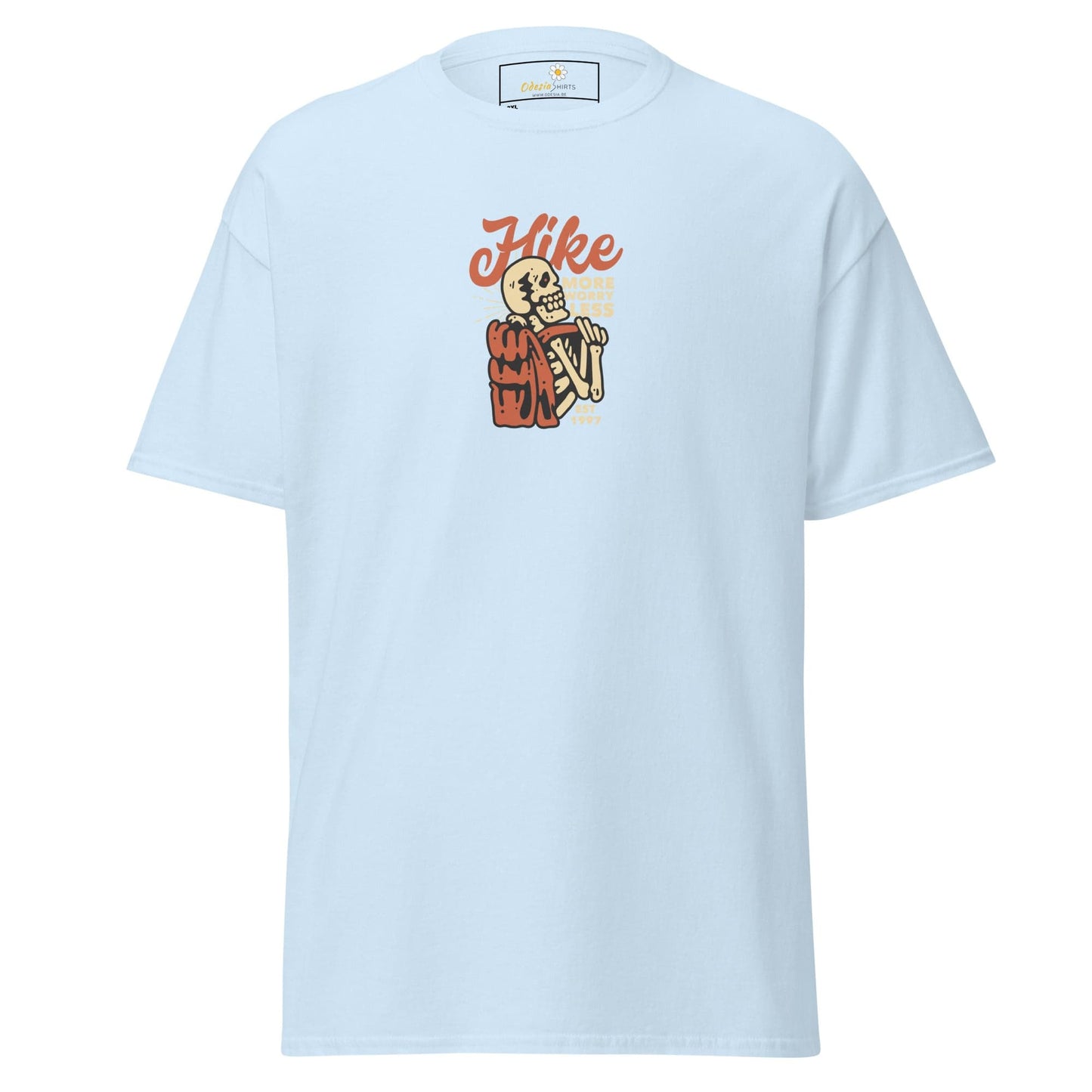 Light blue t-shirt with skeleton hiker graphic.