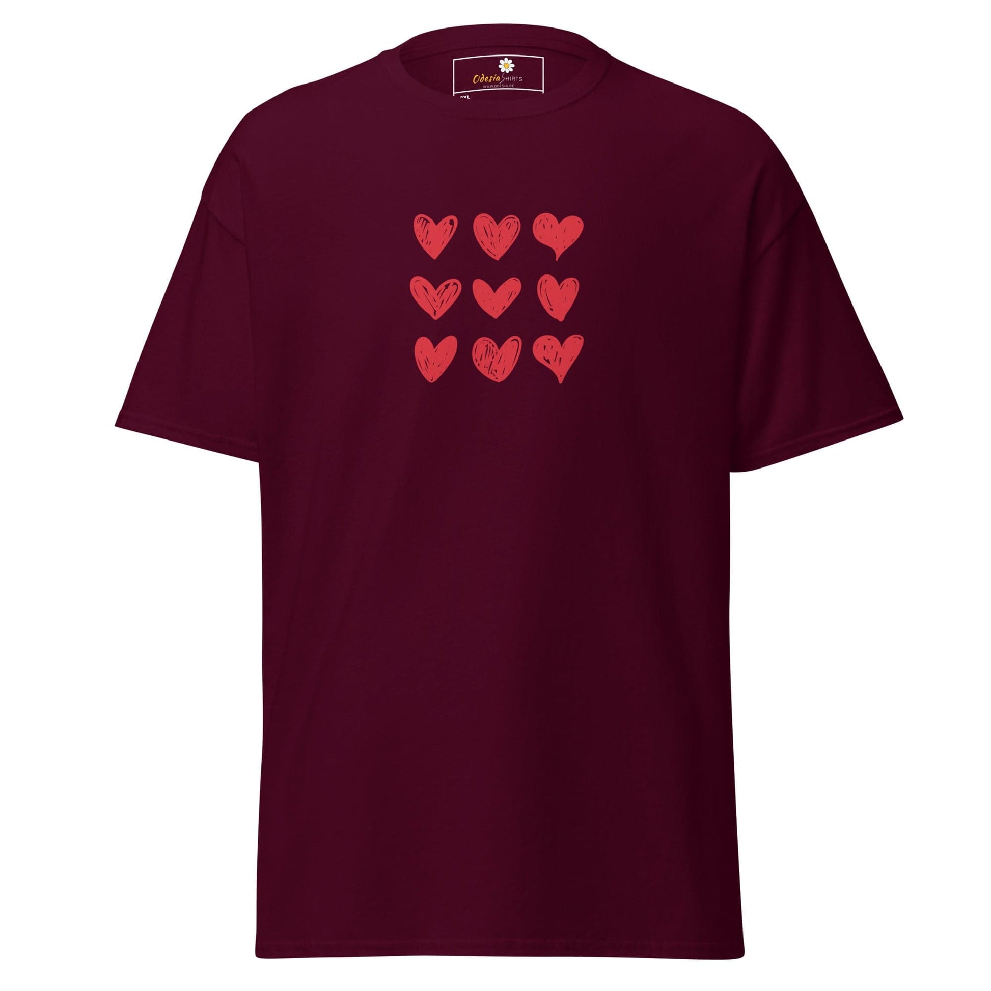 Maroon t-shirt with heart design.