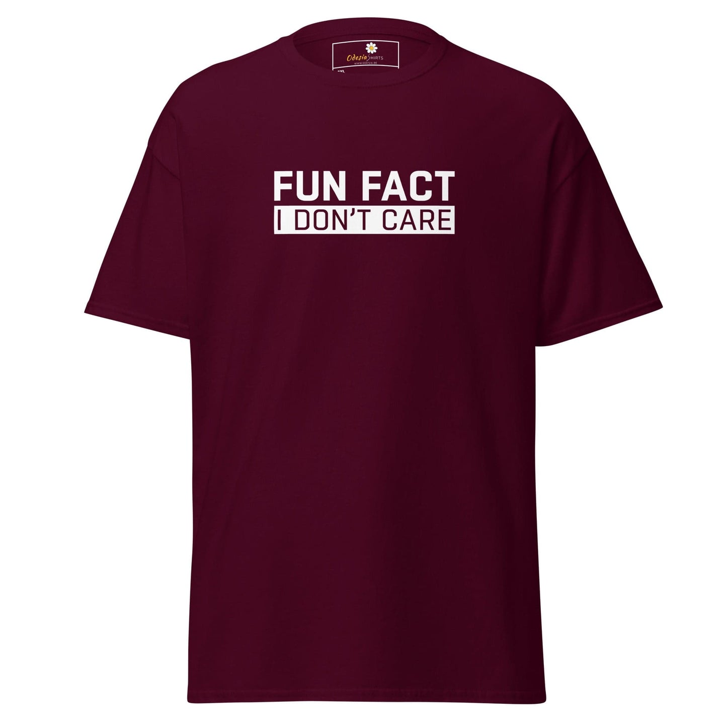 Maroon t-shirt.