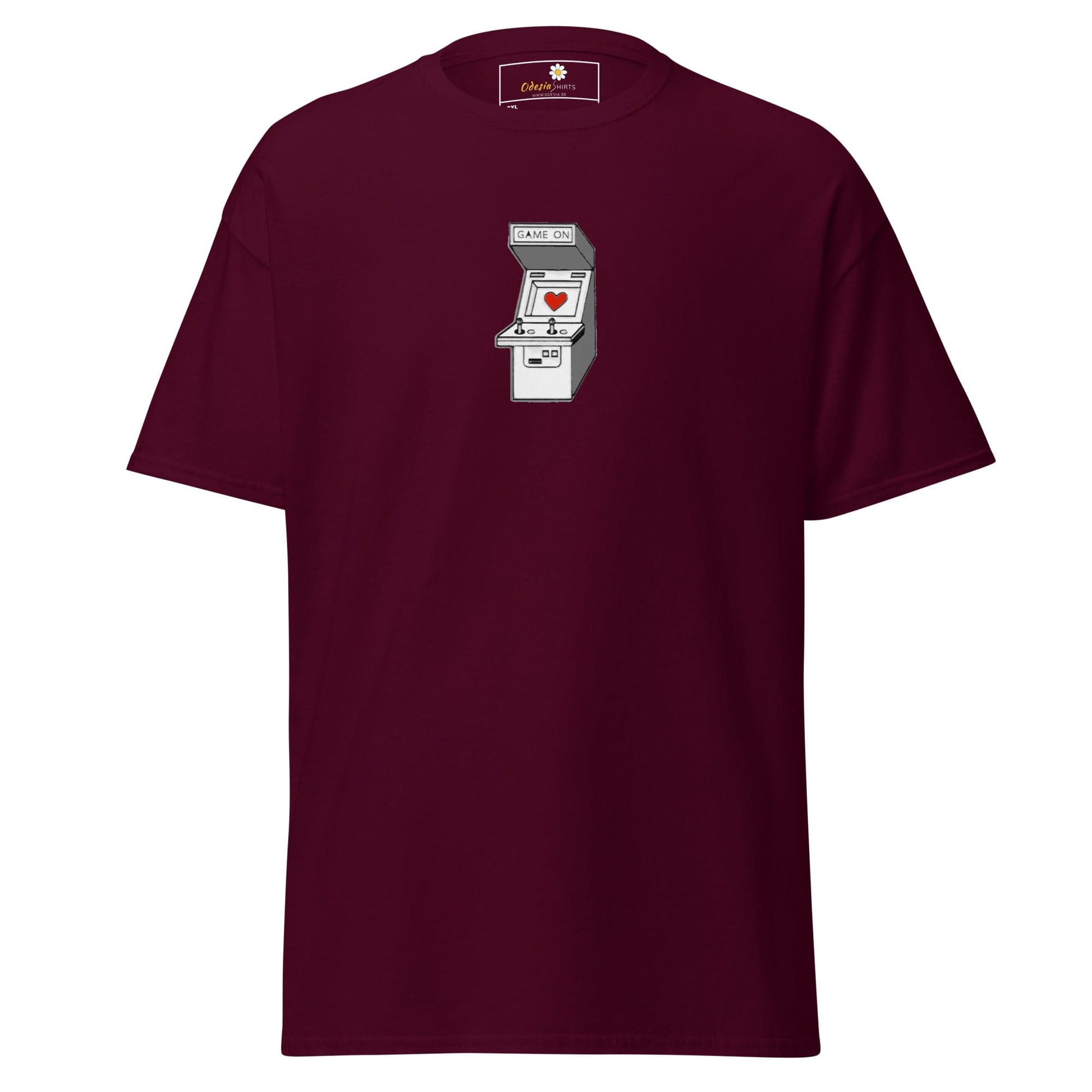 Maroon T-shirt with arcade game graphic in the T-SHIRT DESIGN TEE for Men and Women sizes 2XL-5XL