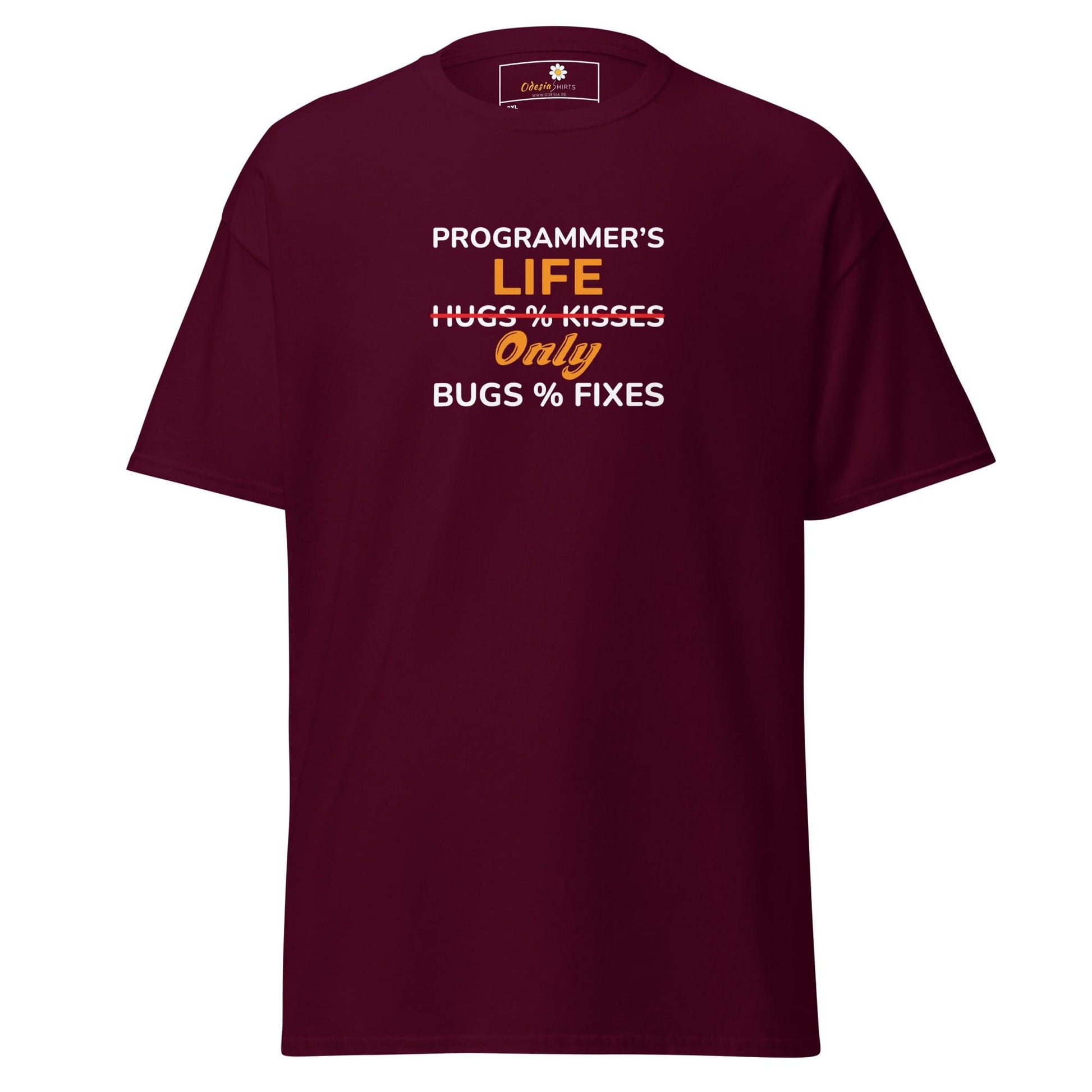 Maroon t-shirt with programmer humor.