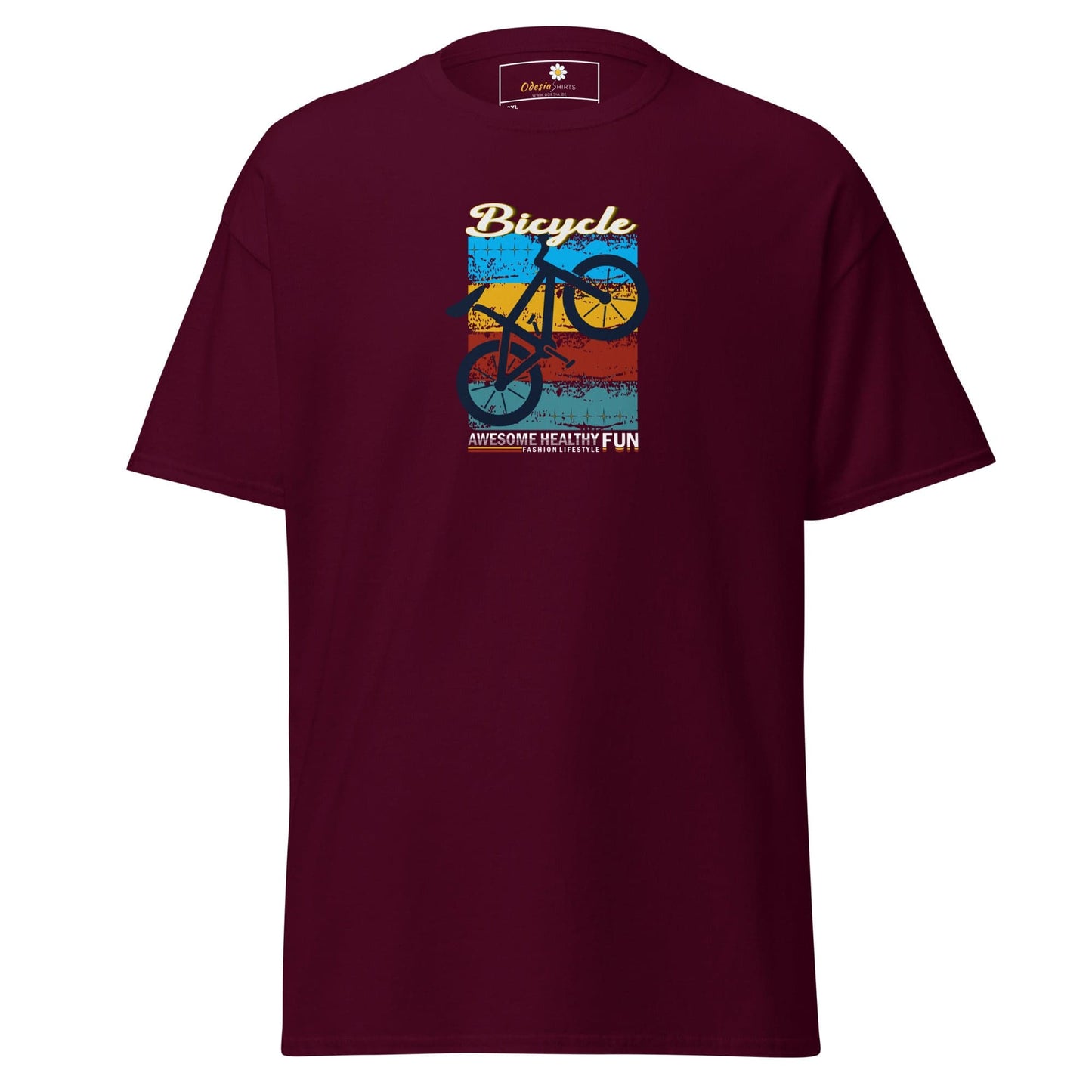 Maroon T-shirt with bicycle graphic for men and women in size 2XL to 5XL