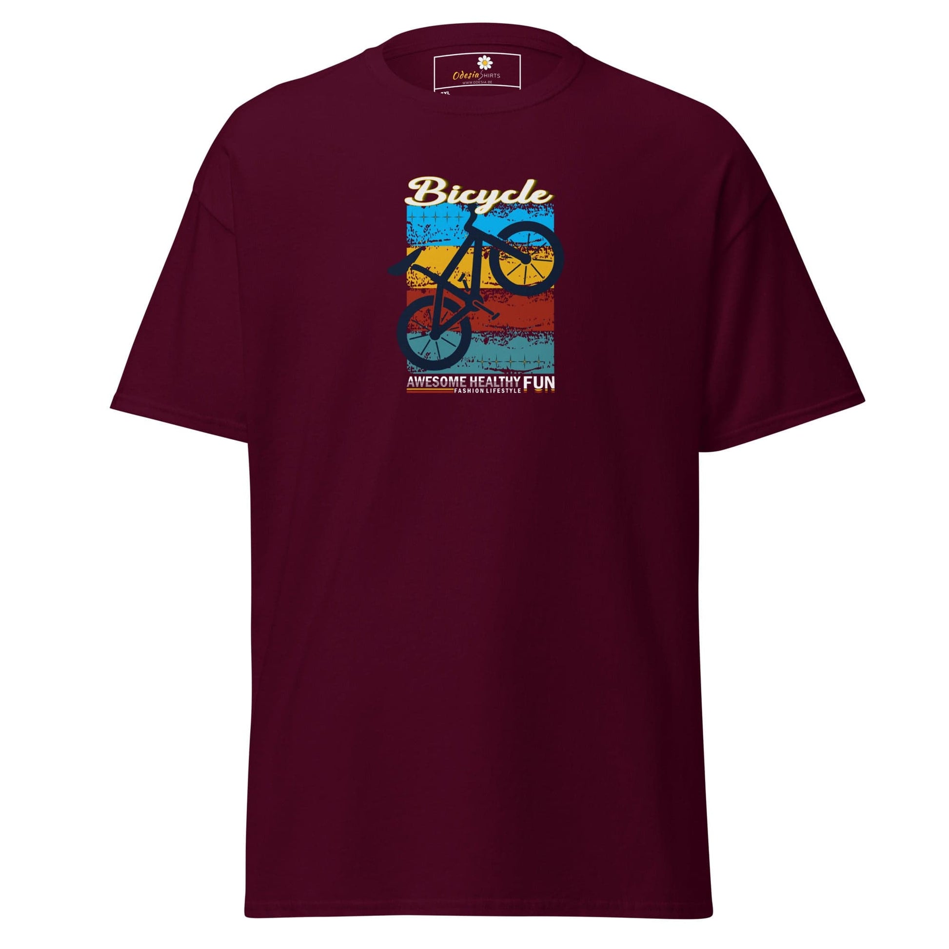 Maroon T-shirt with bicycle graphic for men and women in size 2XL to 5XL